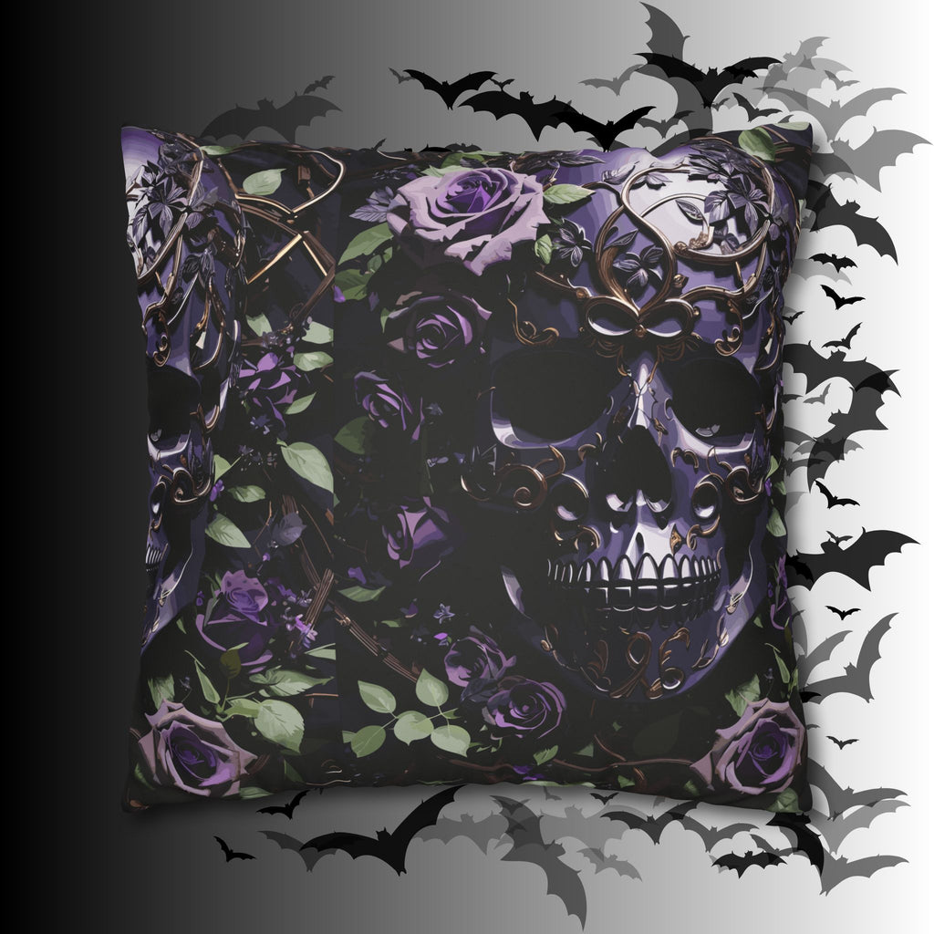 Gothic Black Purple Skull Throw Pillow — Dark Floral Botanical Home Decor