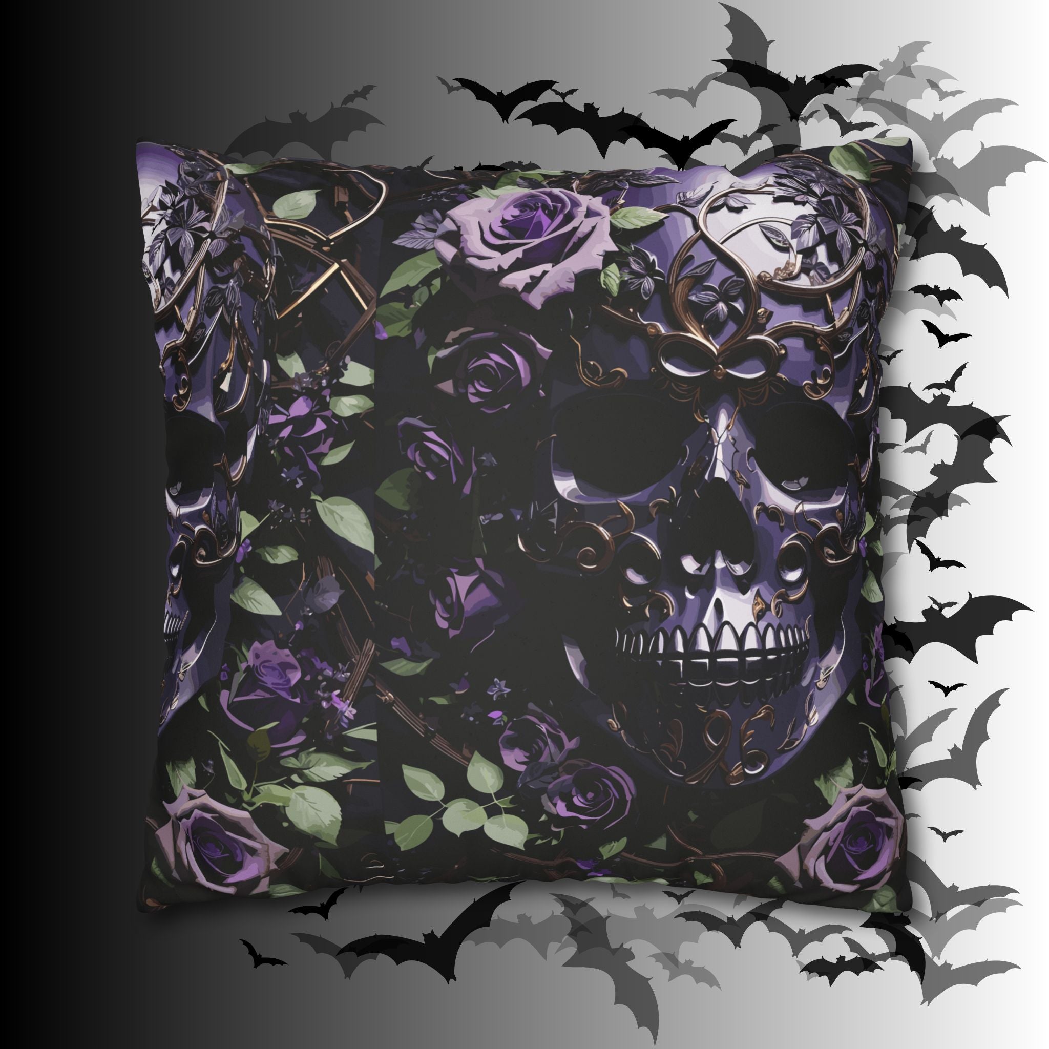 Gothic Black Purple Skull Throw Pillow — Dark Floral Botanical Home Decor
