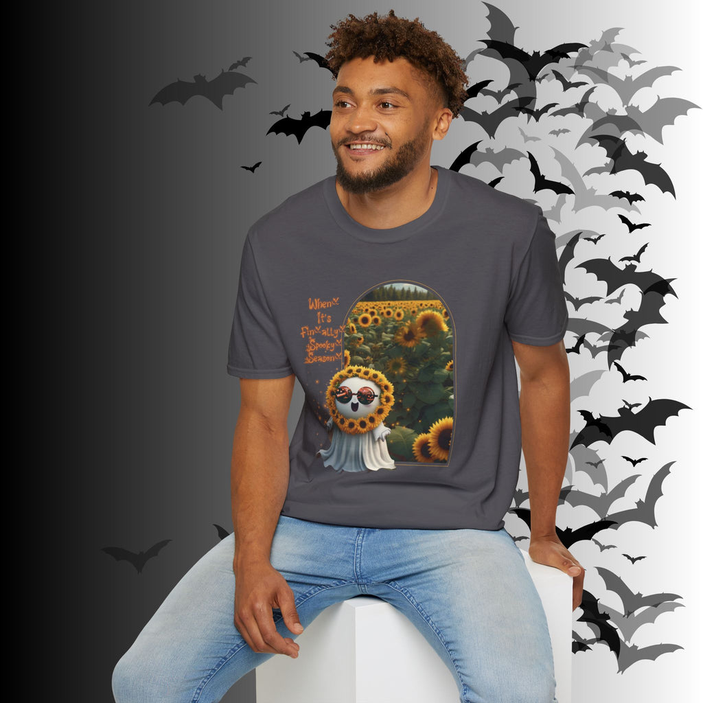 "When It's Finally Spooky Season" Ghost Sunflower T-Shirt — Halloween Tee
