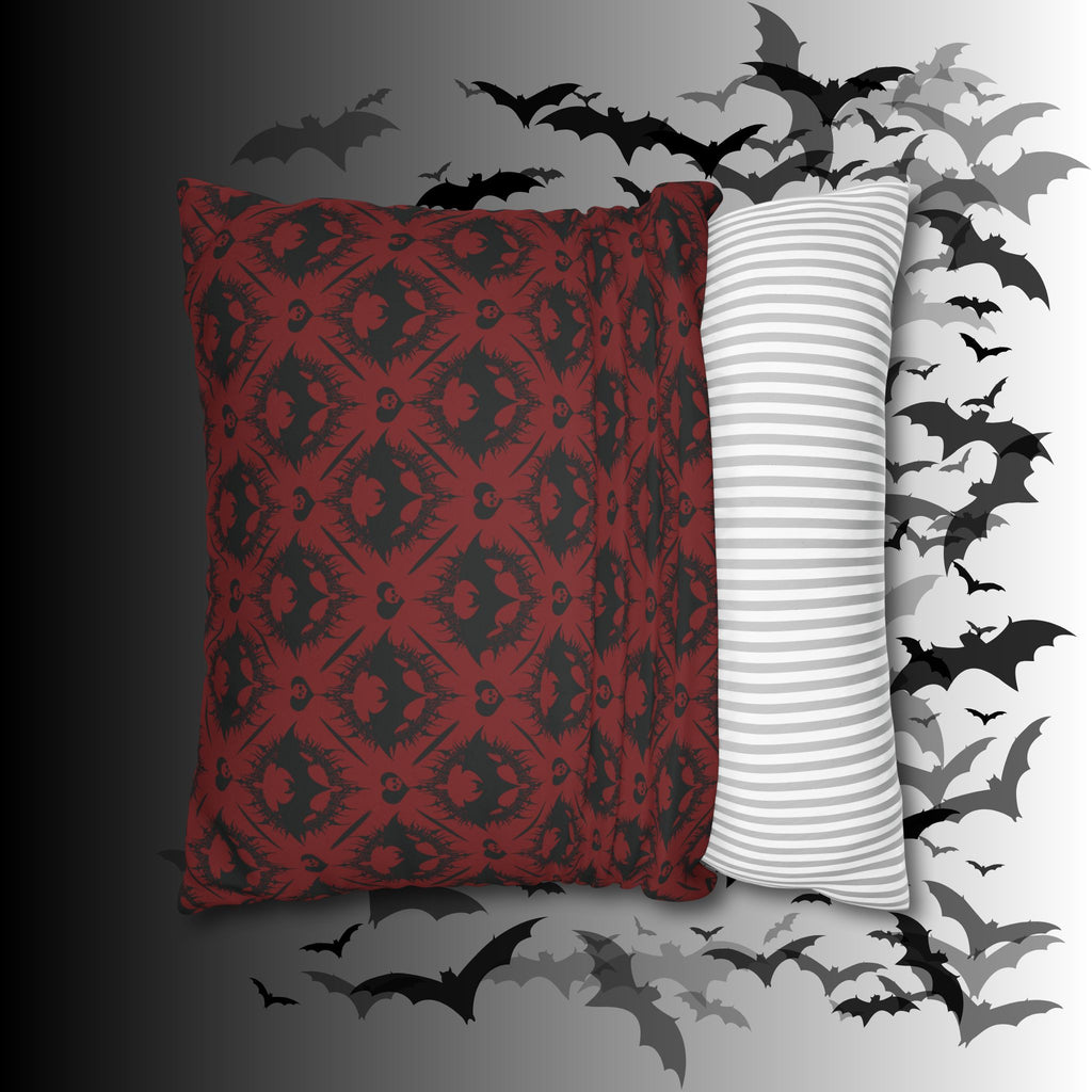 Gothic Bat Diamond Pattern Throw Pillow — Dark Red Damask Home Decor