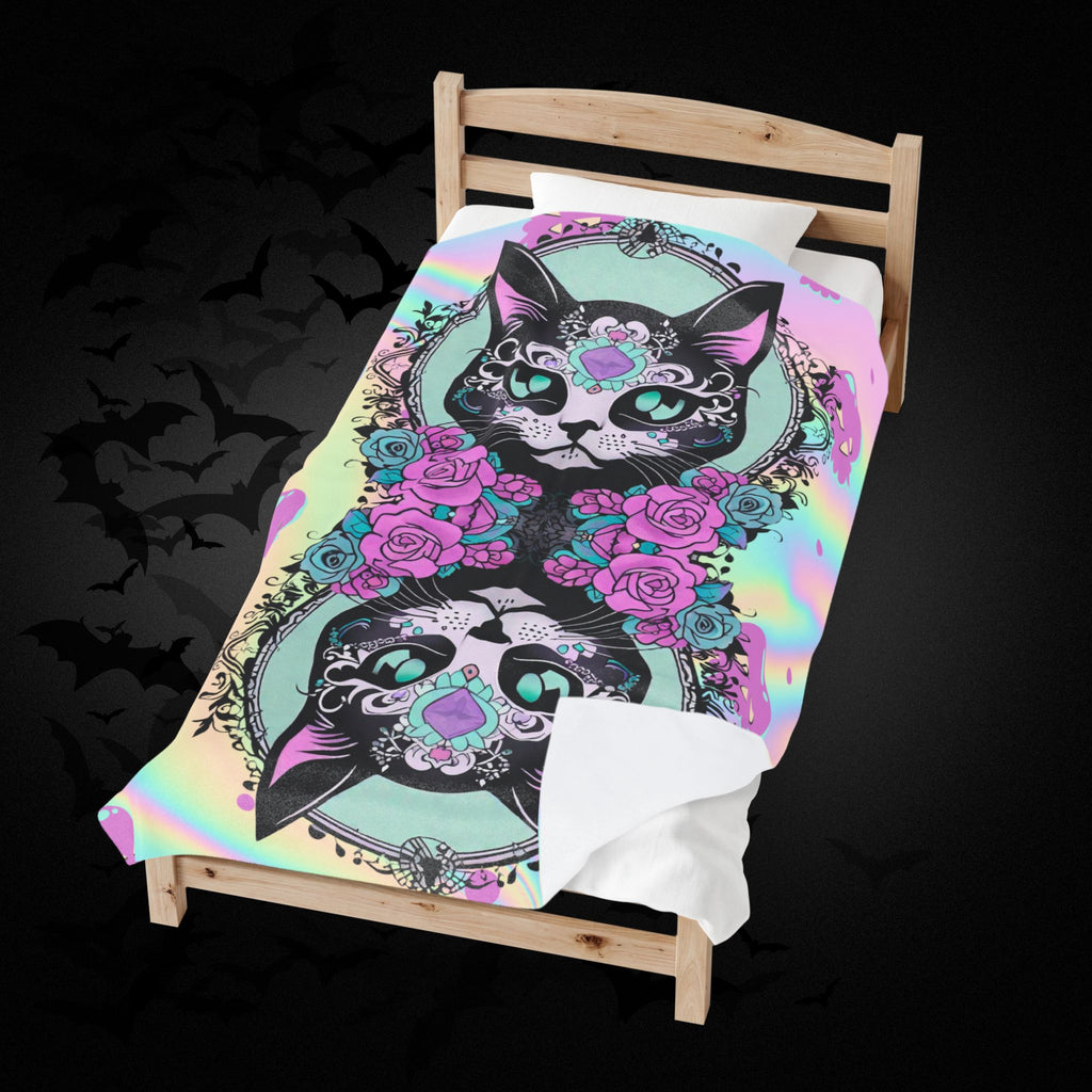 Pastel Goth Sugar Skull Cat Throw Blanket — Floral Gothic Home Decor