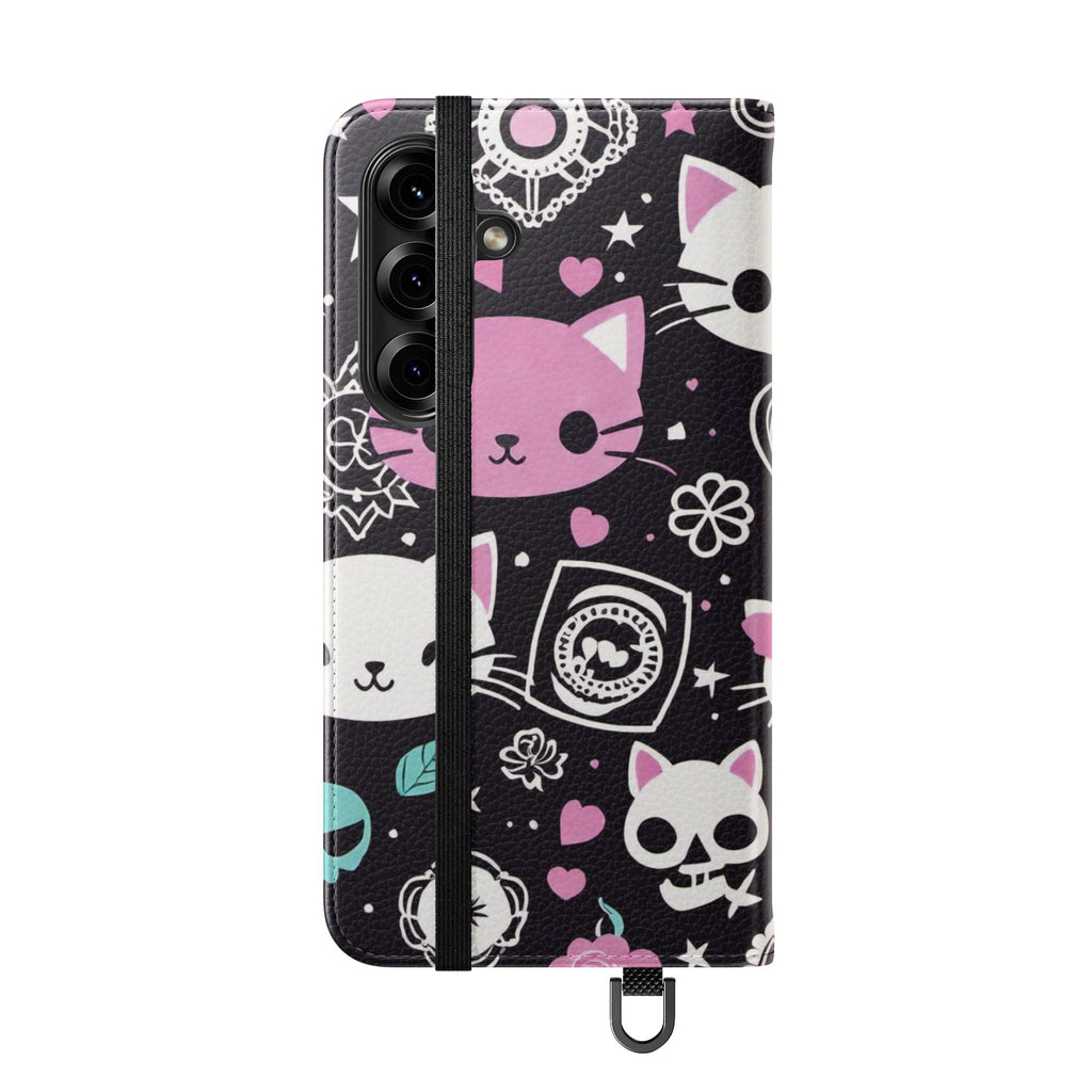 Pastel Goth Cat Flip Wallet Phone Case - Goth Cat Wallet Case for Samsung iPhone - Gothic Style Cats Wallet Phone Cases