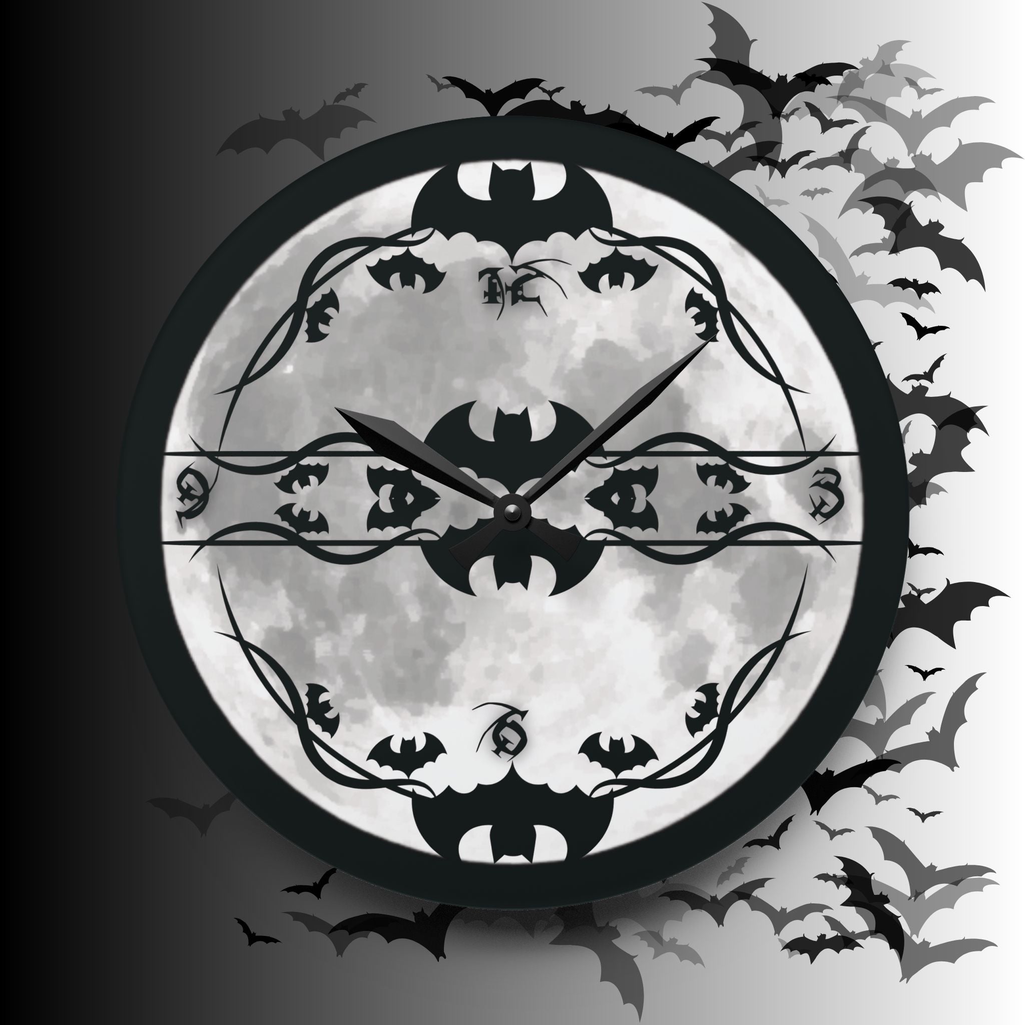 Gothic Bats Full Moon Wall Clock — Halloween Acrylic Art Print Home Decor
