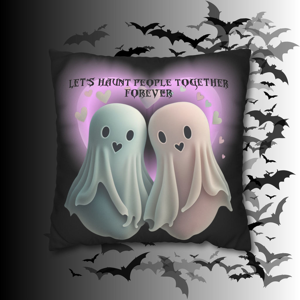 Let's Haunt People Together Forever Ghost Throw Pillow — Gothic Love Halloween Decor