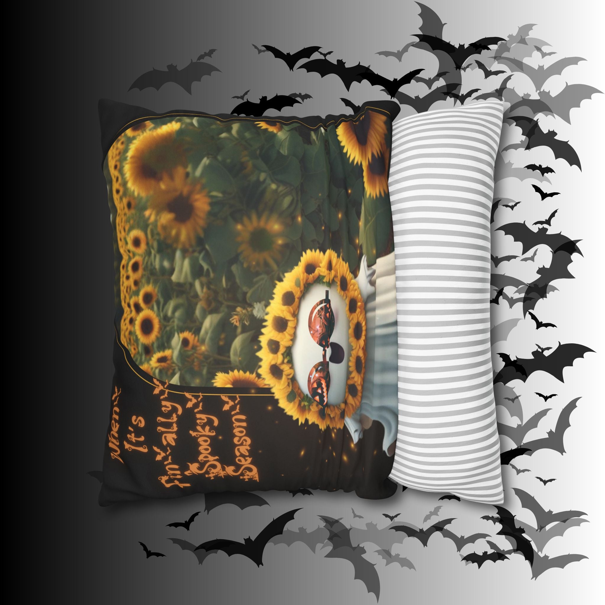 Spooky Season Ghost Sunflower Throw Pillow — Halloween Dark Home Decor