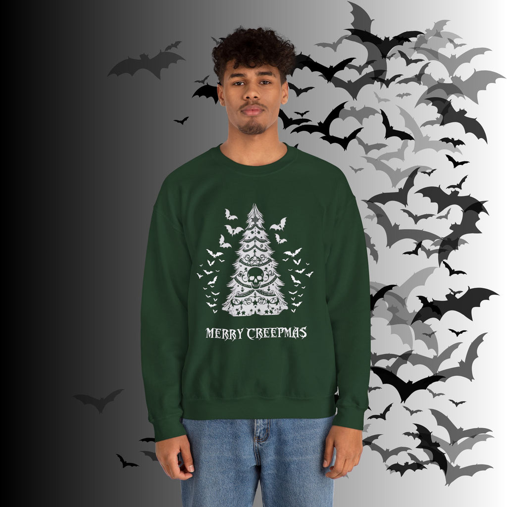 Merry Creepmas Tree Crewneck Sweatshirt — Gothic Christmas Skull Bat