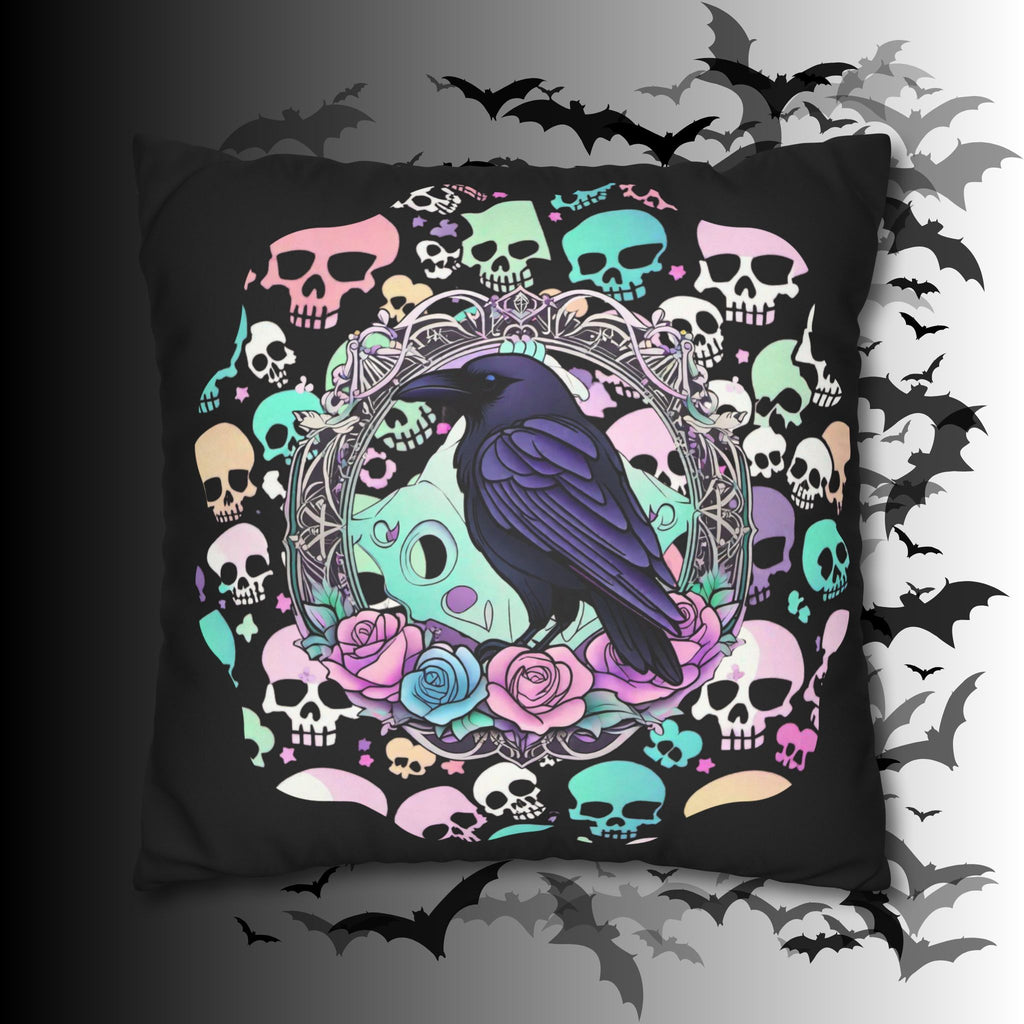 Pastel Goth Raven Skull Throw Pillow — Dark Floral Gothic Home Decor
