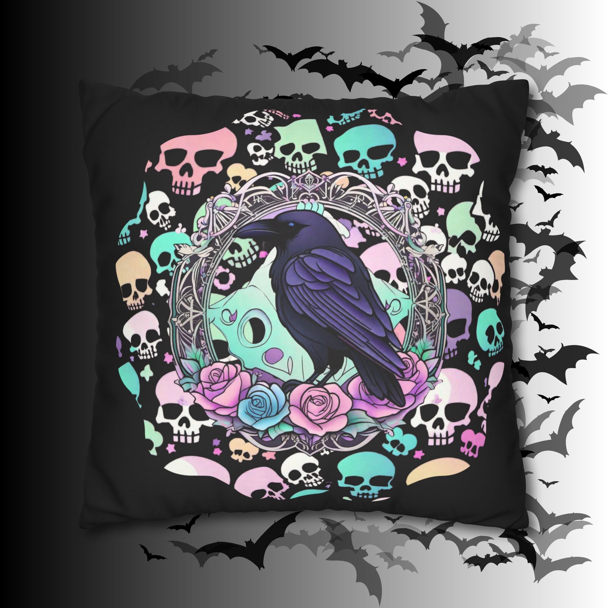 Pastel Goth Raven Skull Throw Pillow — Dark Floral Gothic Home Decor
