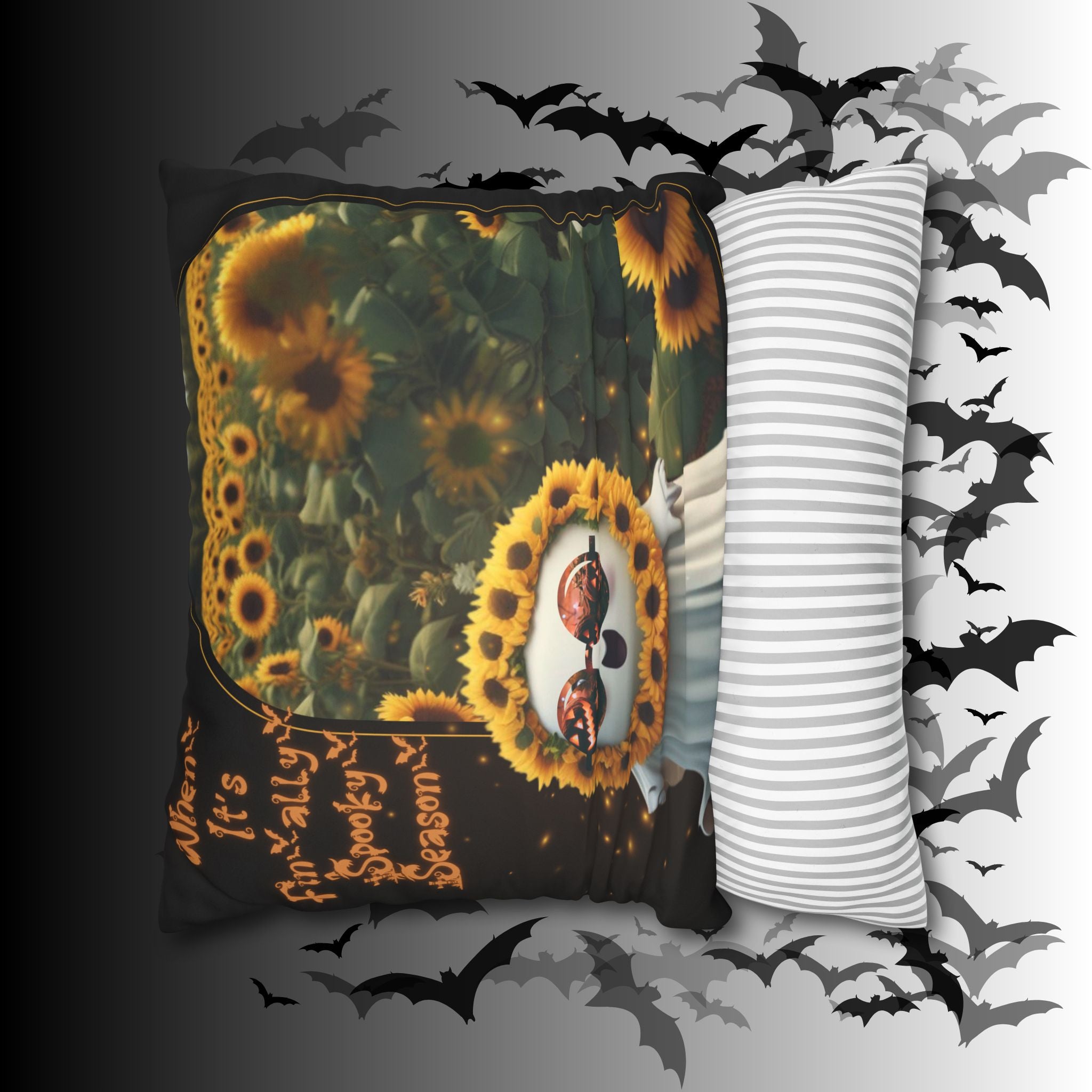Spooky Season Ghost Sunflower Throw Pillow — Halloween Dark Home Decor