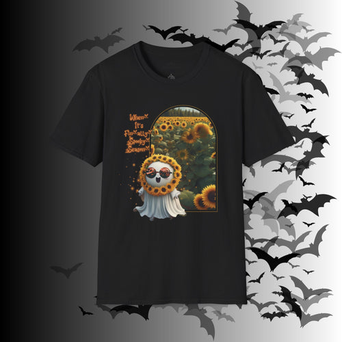 
Black t-shirt with kawaii ghost wearing sunflower wreath crown and pumpkin sunglasses in front of an arched sunflower field window with "When It's Finally Spooky Season" text