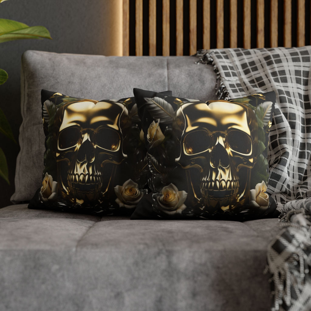 Gold Skull Botanical Throw Pillow — Dark Floral Gothic Home Decor