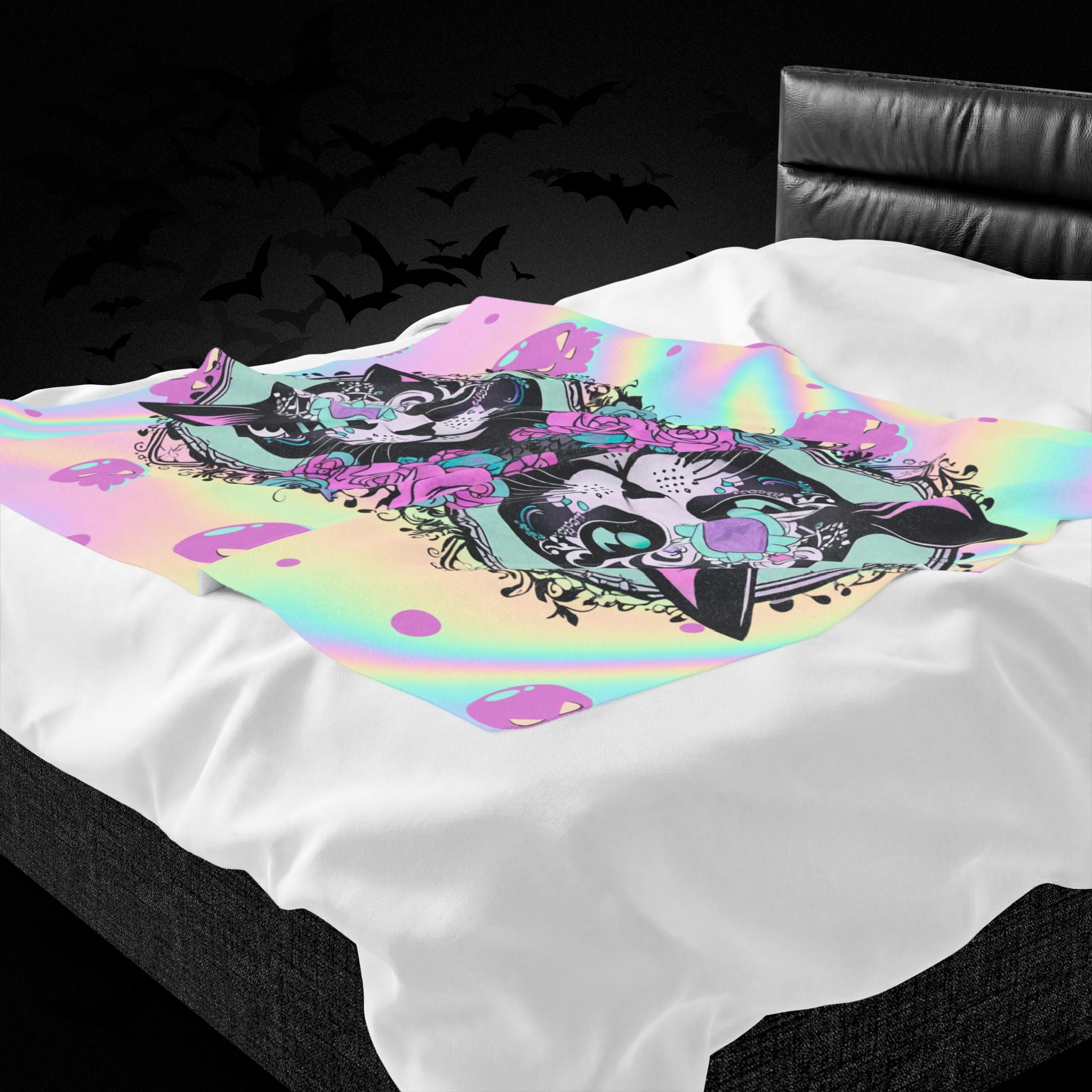 Pastel Goth Sugar Skull Cat Throw Blanket — Floral Gothic Home Decor