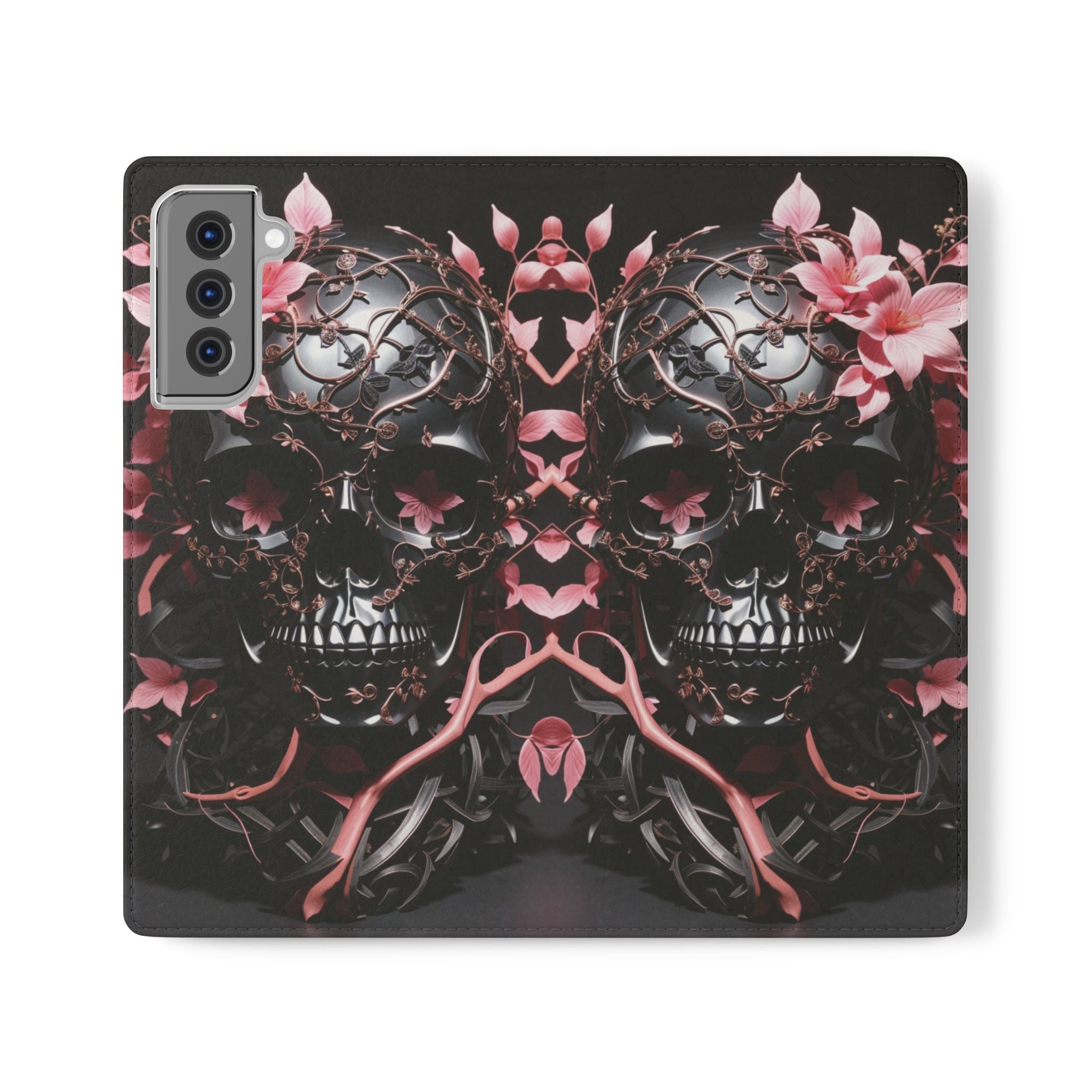 Pink Pastel Goth Skull Flip Wallet Phone Case - Skull Wallet Case for Samsung iPhone - Gothic Style Skull Wallet Phone Cases