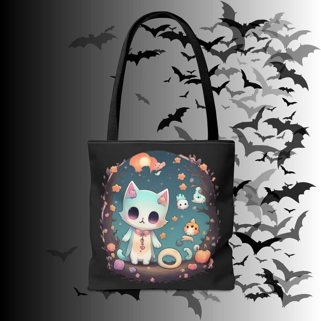 Pastel Goth Kawaii Cat Halloween Tote Bag — Moonlit Forest Scene