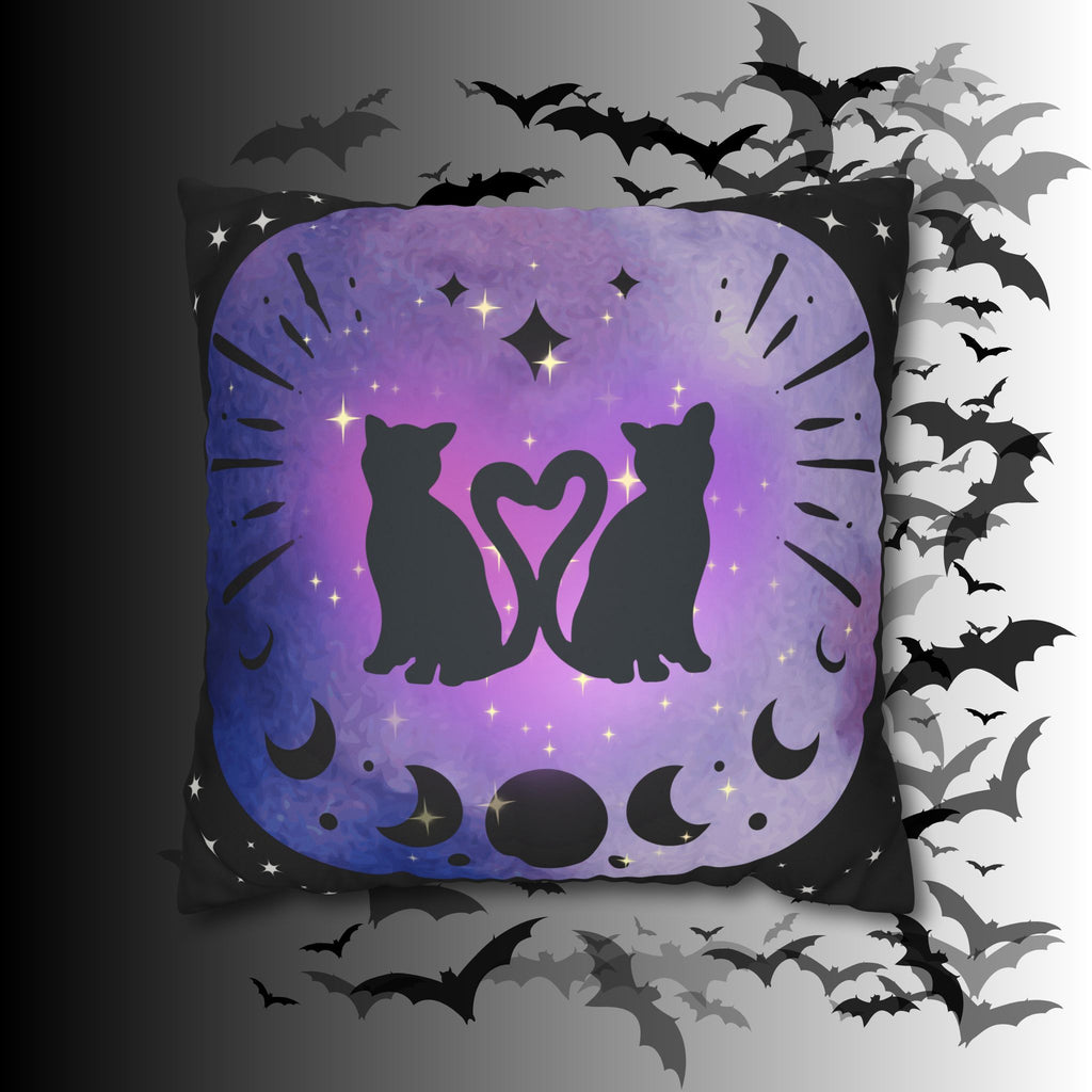 Lunar Love Cats Moon Phases Throw Pillow — Celestial Gothic Dark Home Decor