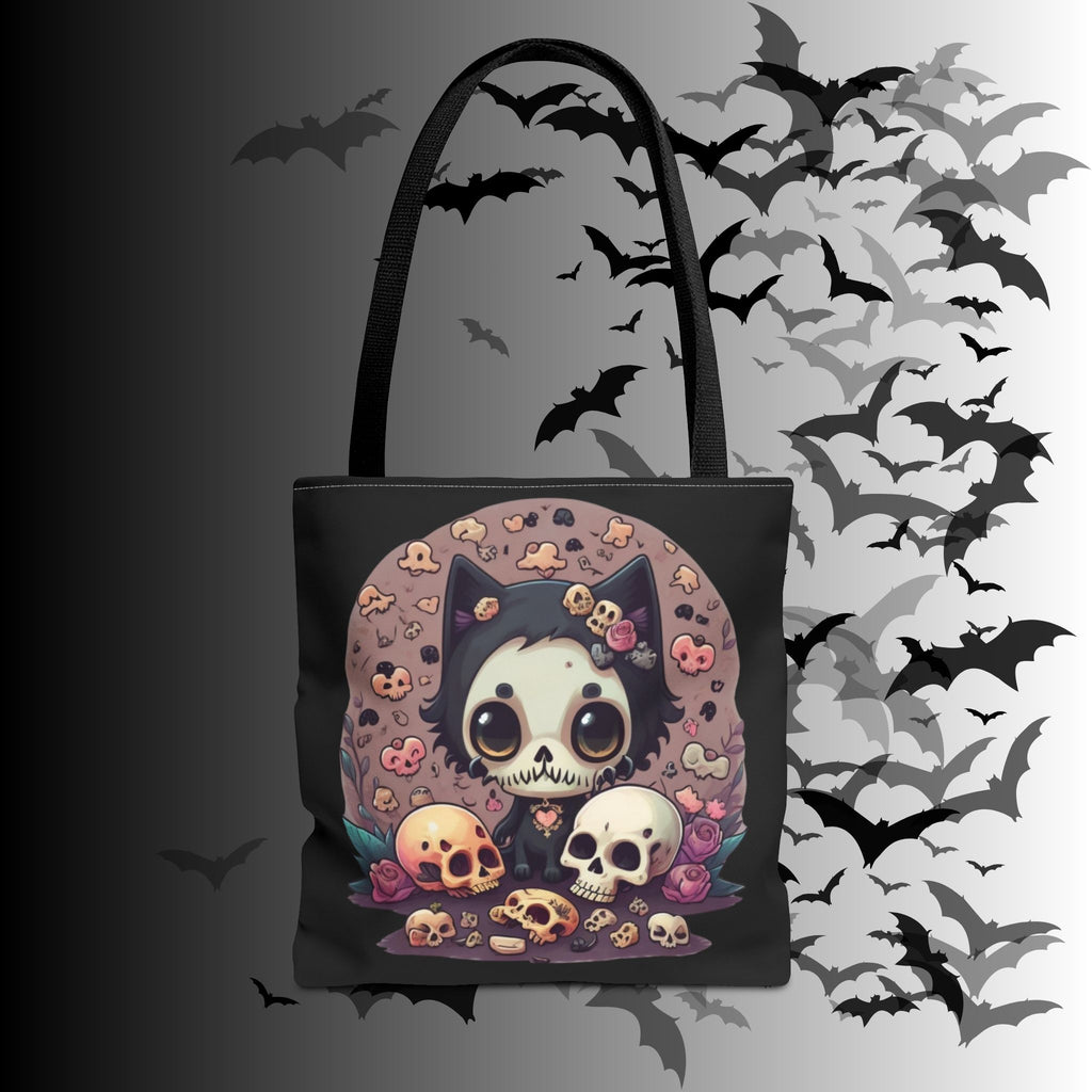 Kawaii Skull Cat Tote Bag — Gothic Cute Skull Illustration
