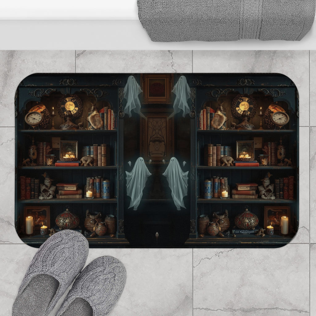Dark academia bath mat with a mirrored gothic bookcase filled with aged books, antique clocks, ornate pottery, candles, and four translucent ghosts drifting through the center displayed on marble tile flooring