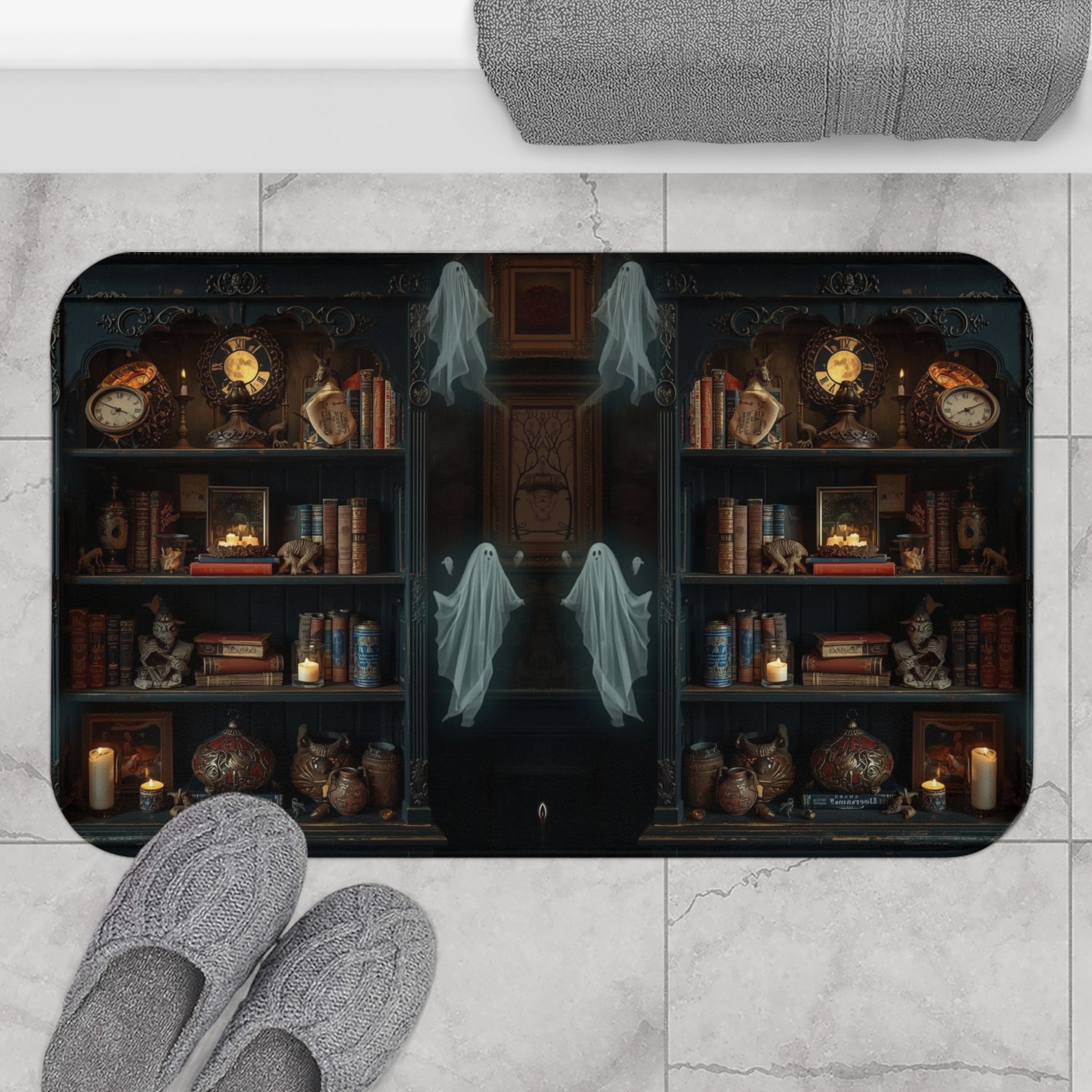 Dark academia bath mat with a mirrored gothic bookcase filled with aged books, antique clocks, ornate pottery, candles, and four translucent ghosts drifting through the center displayed on marble tile flooring