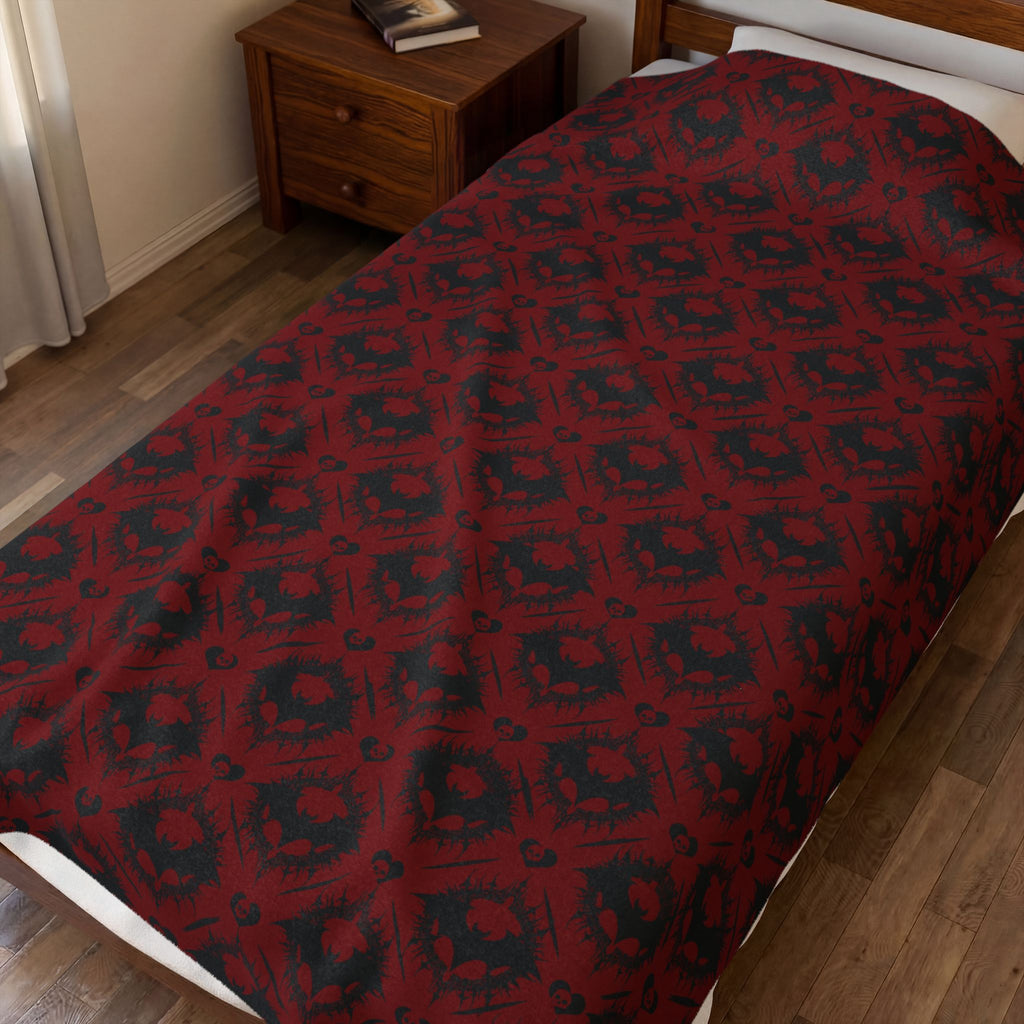 Gothic Bat & Skull Heart Throw Blanket — Crimson Red Colorway