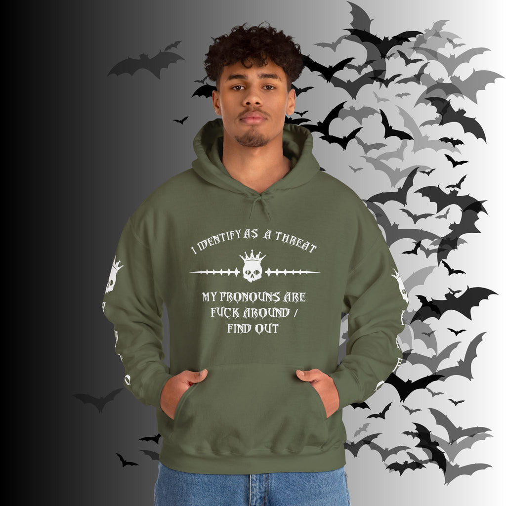 I Identify As a Threat Hoodie — Gothic Skull Sleeve Print FAFO Black