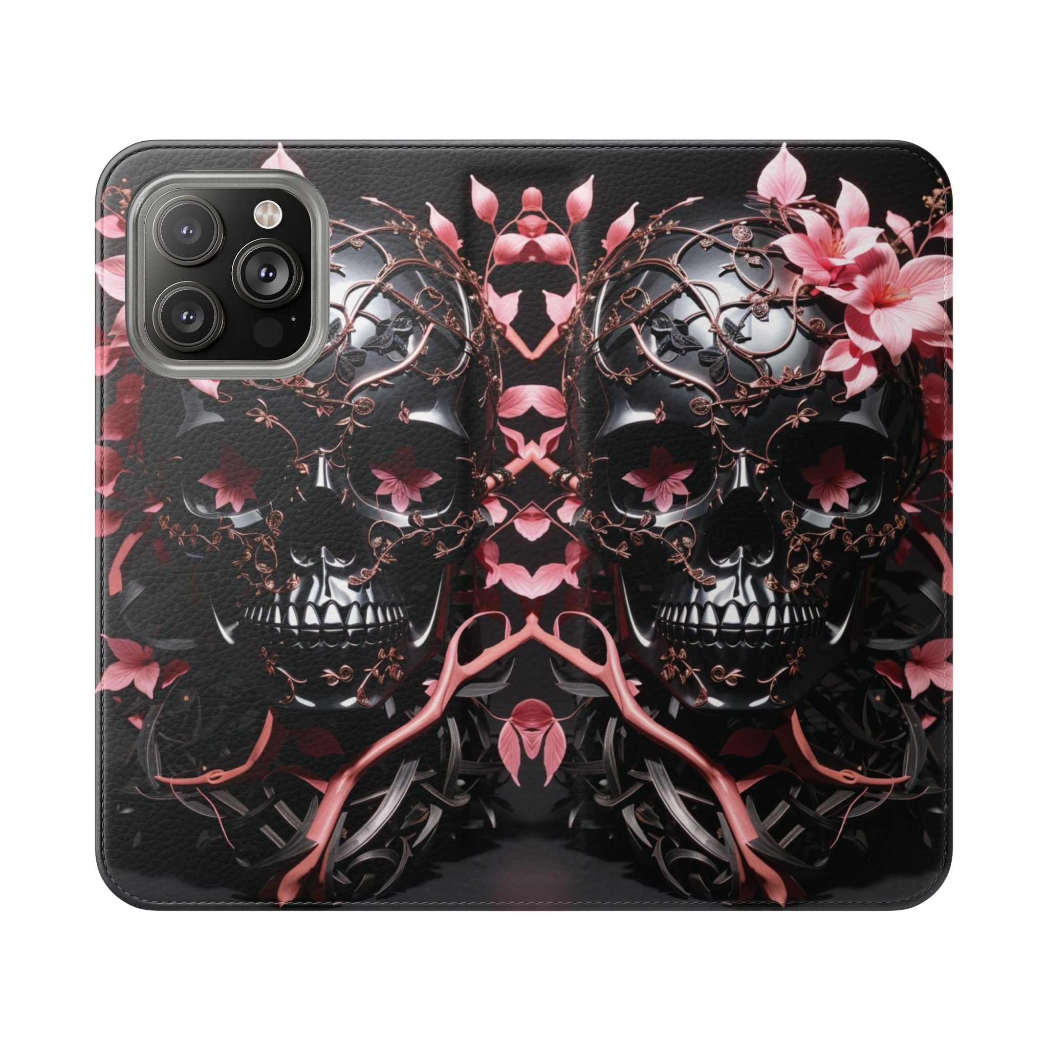 Pink Pastel Goth Skull Flip Wallet Phone Case - Skull Wallet Case for Samsung iPhone - Gothic Style Skull Wallet Phone Cases