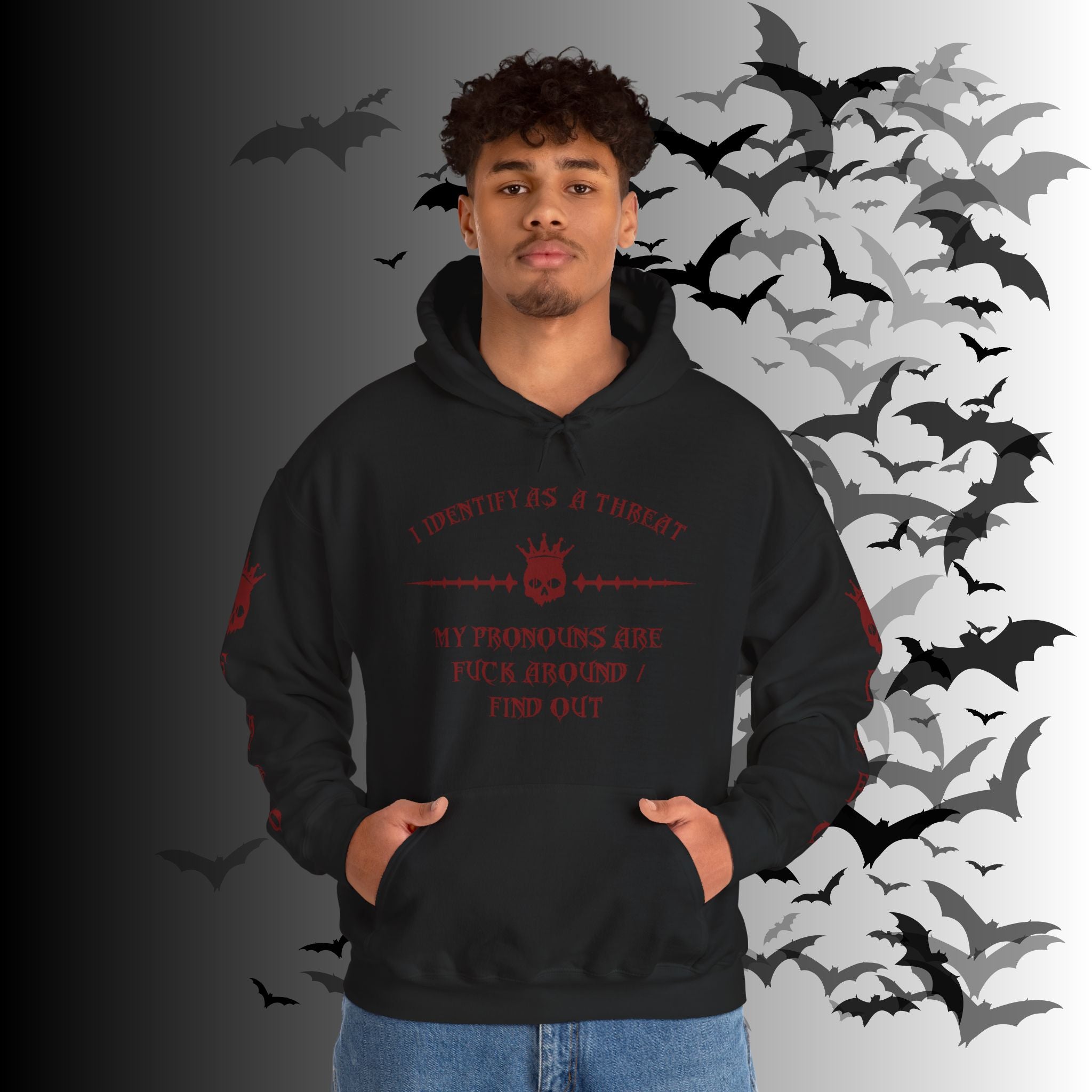 I Identify As a Threat Hoodie — Gothic Skull Sleeve Print Fuck Around Find Out
