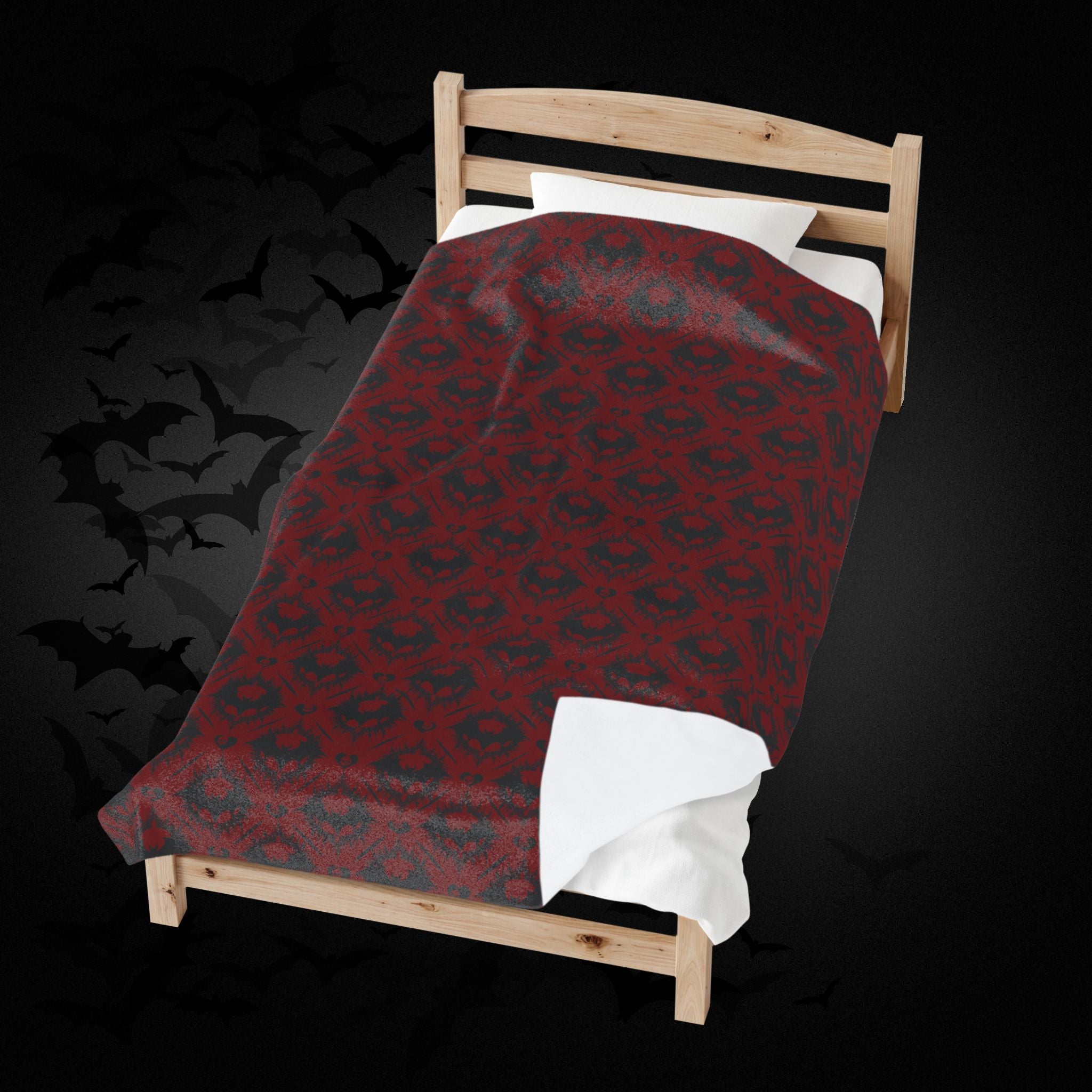 Gothic Bat & Skull Heart Throw Blanket — Crimson Red Colorway