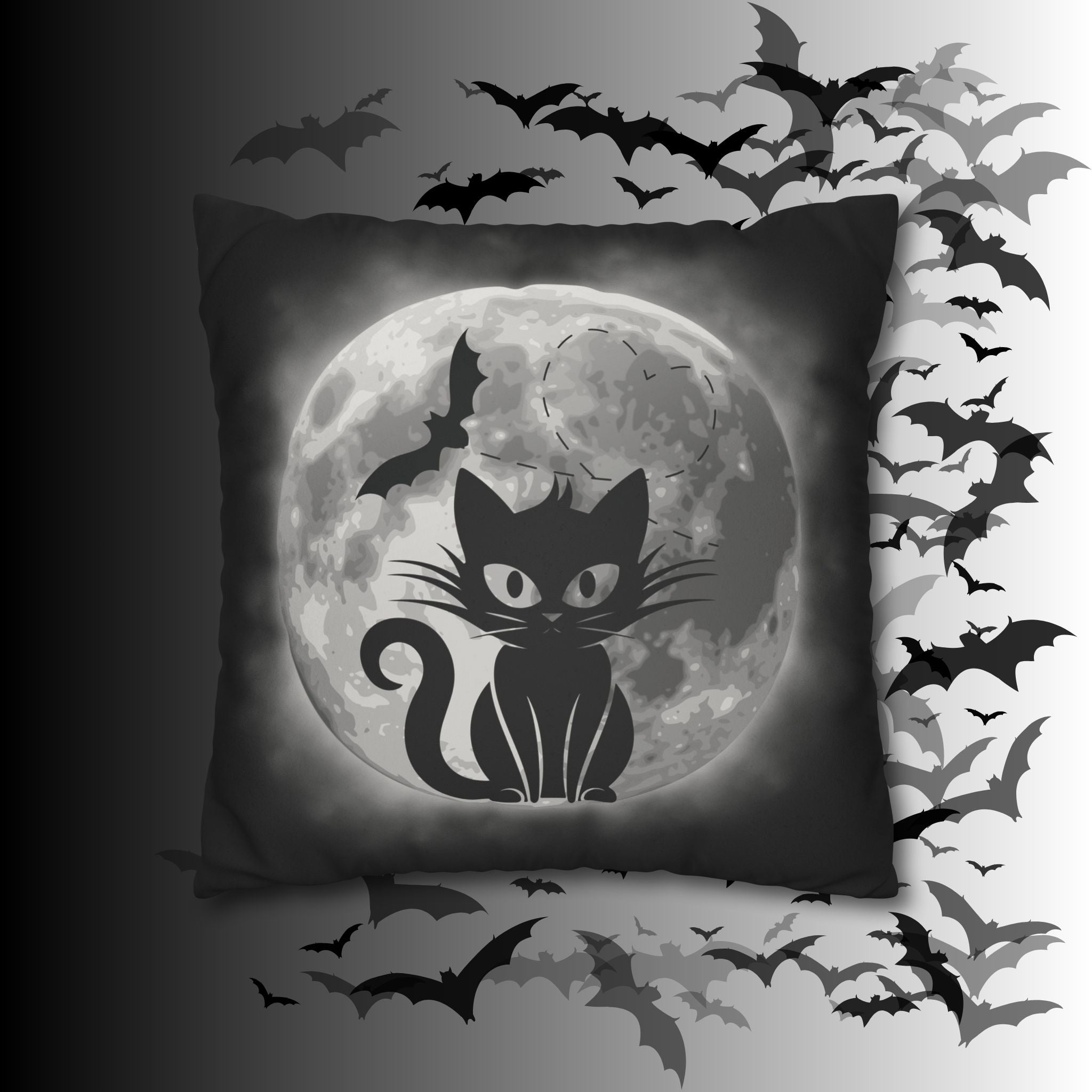 Gothic Black Cat Full Moon Throw Pillow — Bat Dark Home Decor