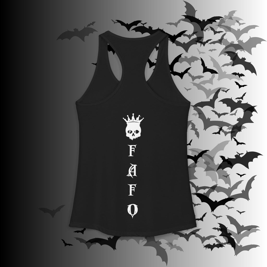 "FAFO" I Identify As A Threat Racerback Tank Top — White Print Front & Back