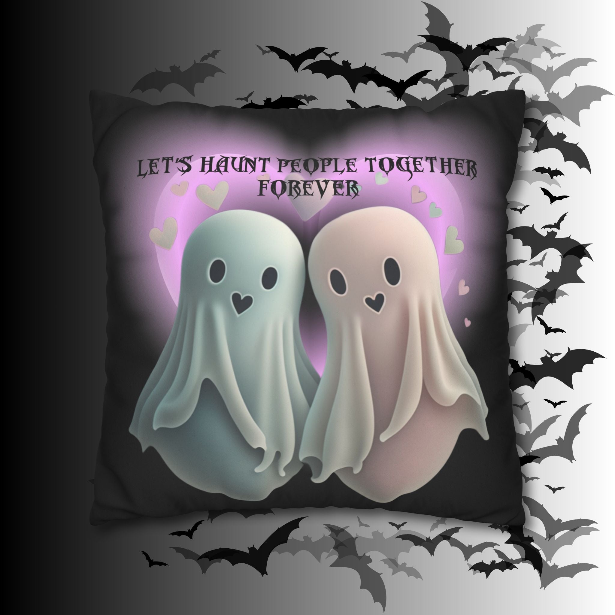 Let's Haunt People Together Forever Ghost Throw Pillow — Gothic Love Halloween Decor