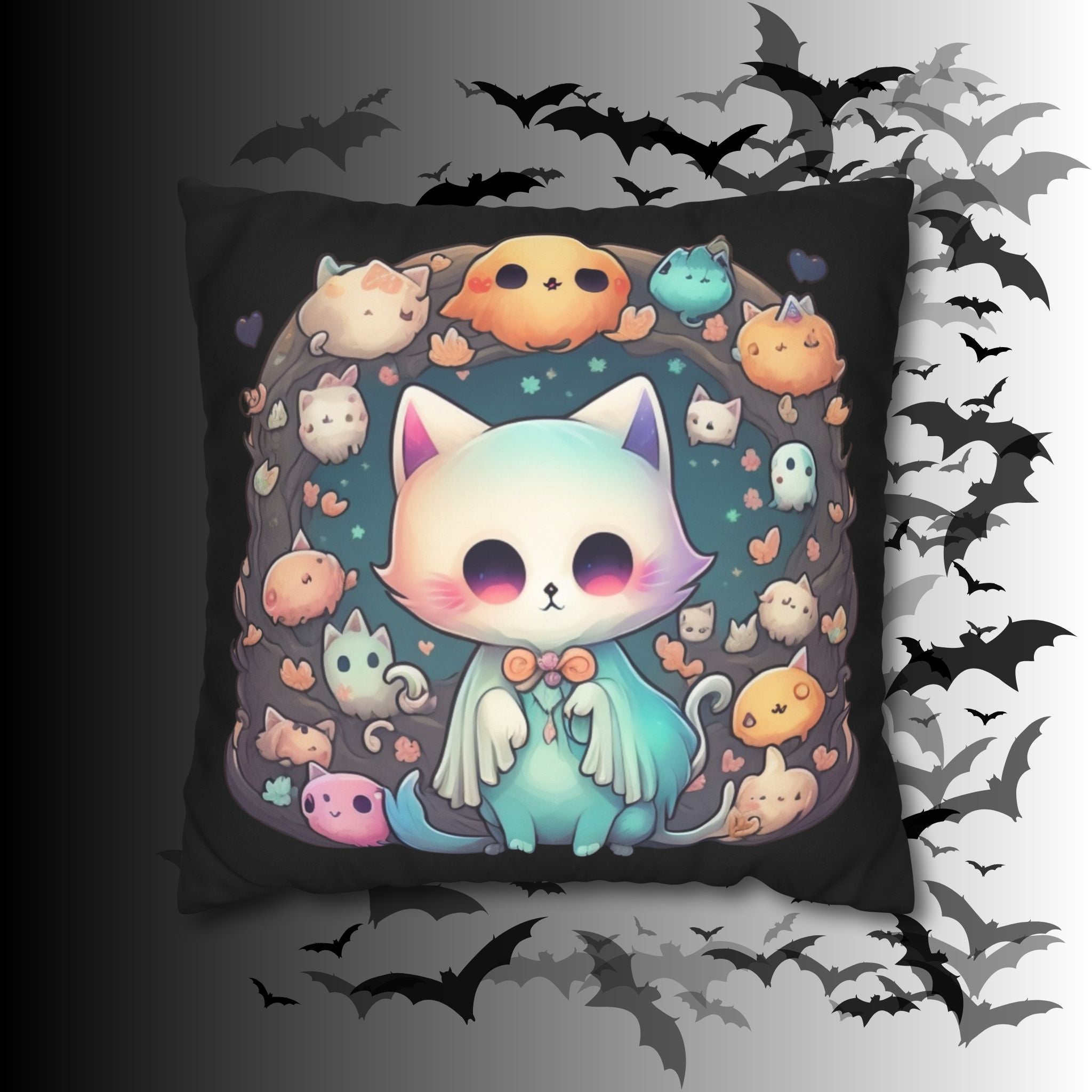 Creepy Cute Kawaii Ghost Cat Throw Pillow — Pastel Goth Dark Home Decor