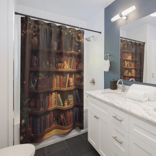 Cozy cottagecore shower curtain with four shelves of colorful books, potted plants, a golden cauldron, figurines, and fairy lights with green foliage displayed in a white bathroom
