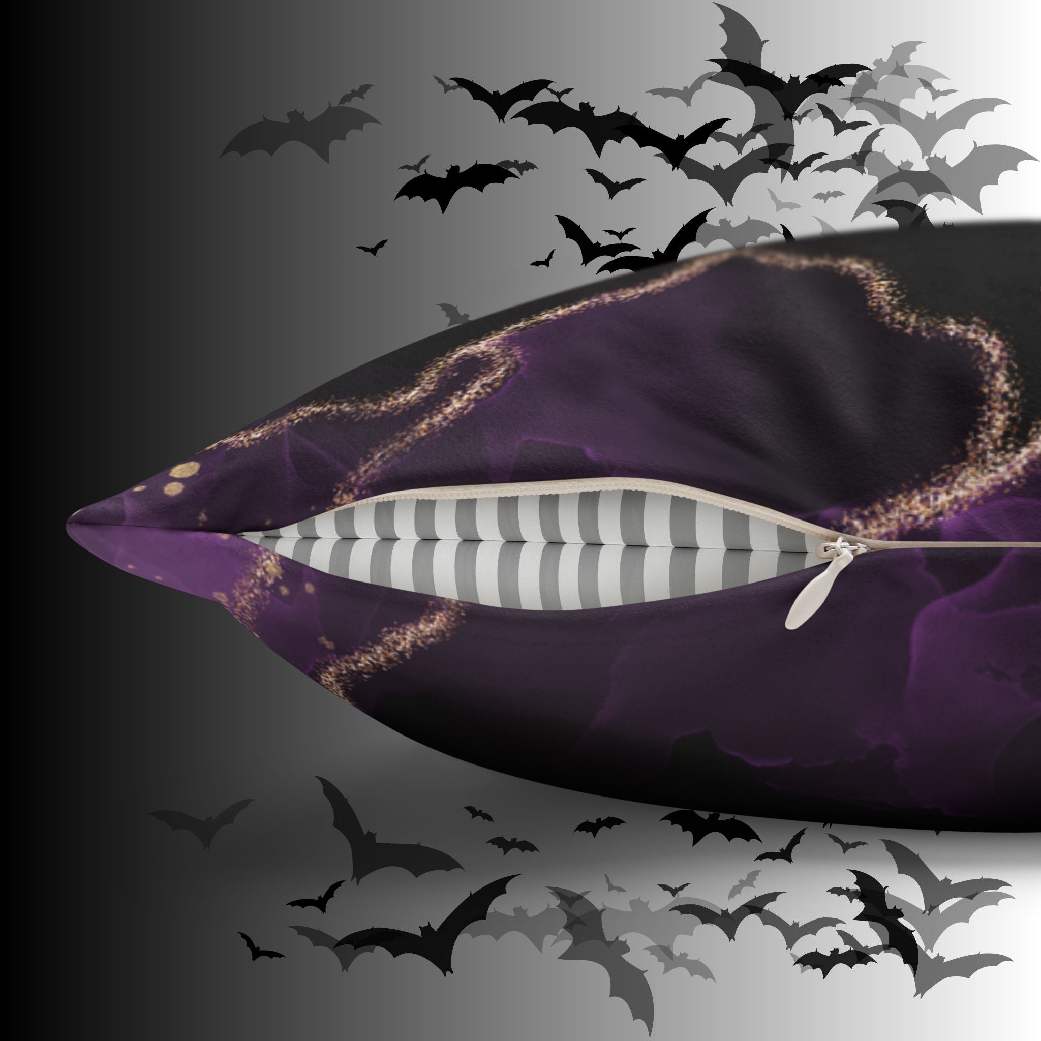 Gothic Bat Wing Cat Moon Phases Throw Pillow — Purple Celestial Dark Home Decor