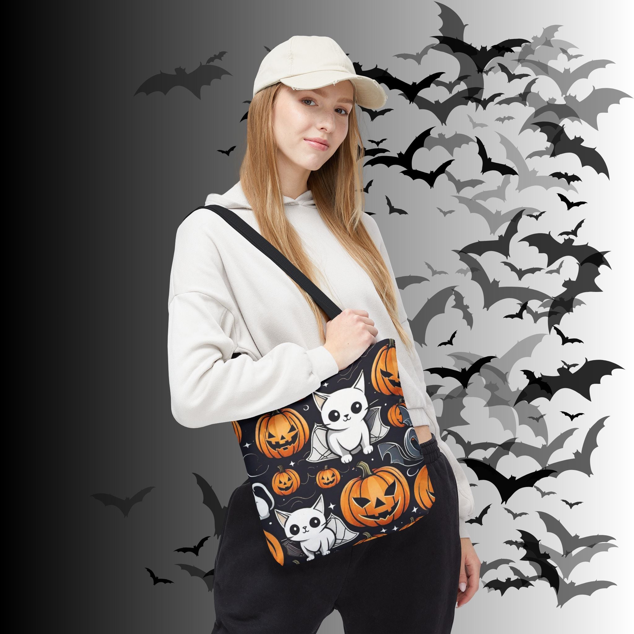 Kawaii Bat Cat Halloween Tote Bag — Spooky Pumpkin Pattern