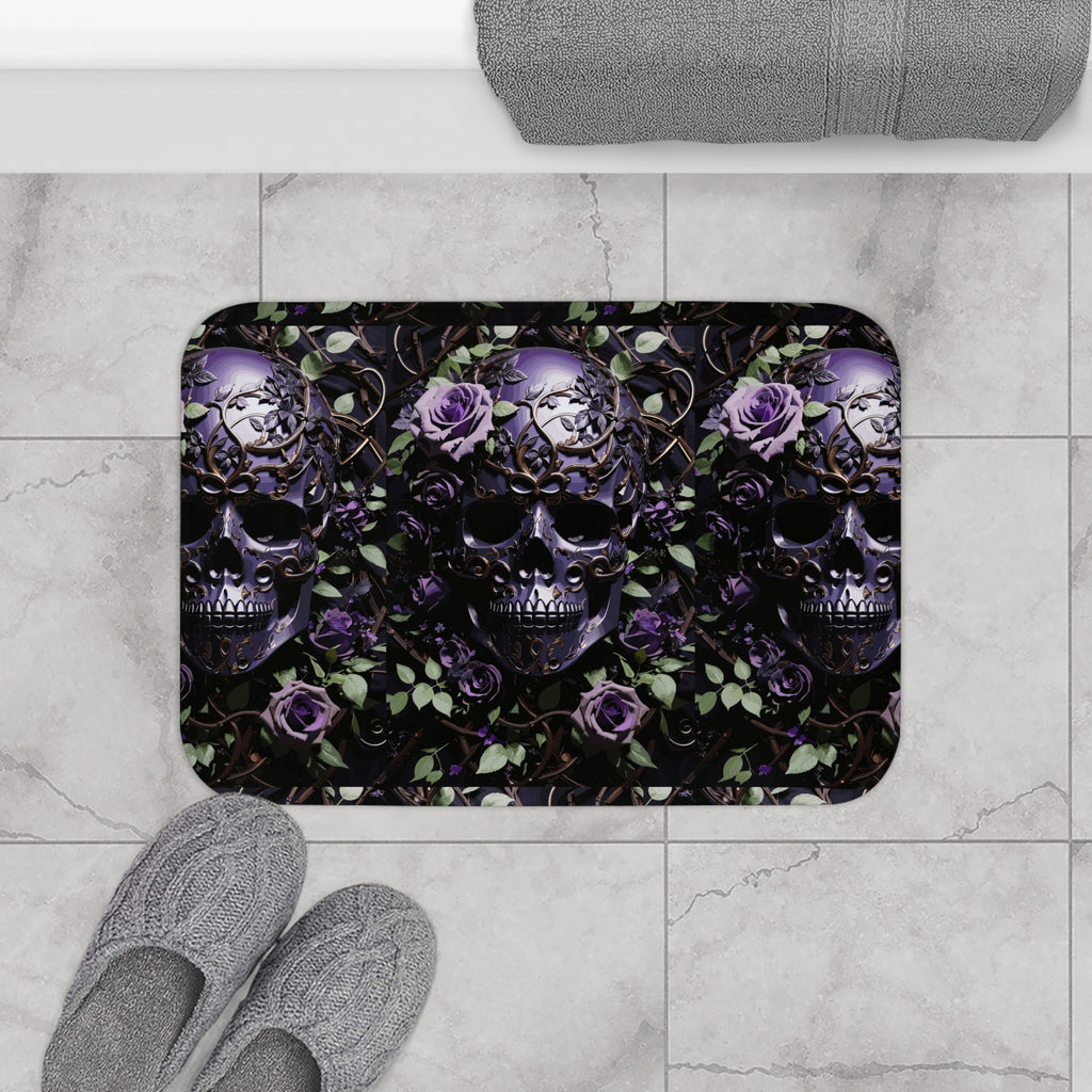 Gothic Purple Skull Bath Mat — Dark Floral Rose Bathroom Decor