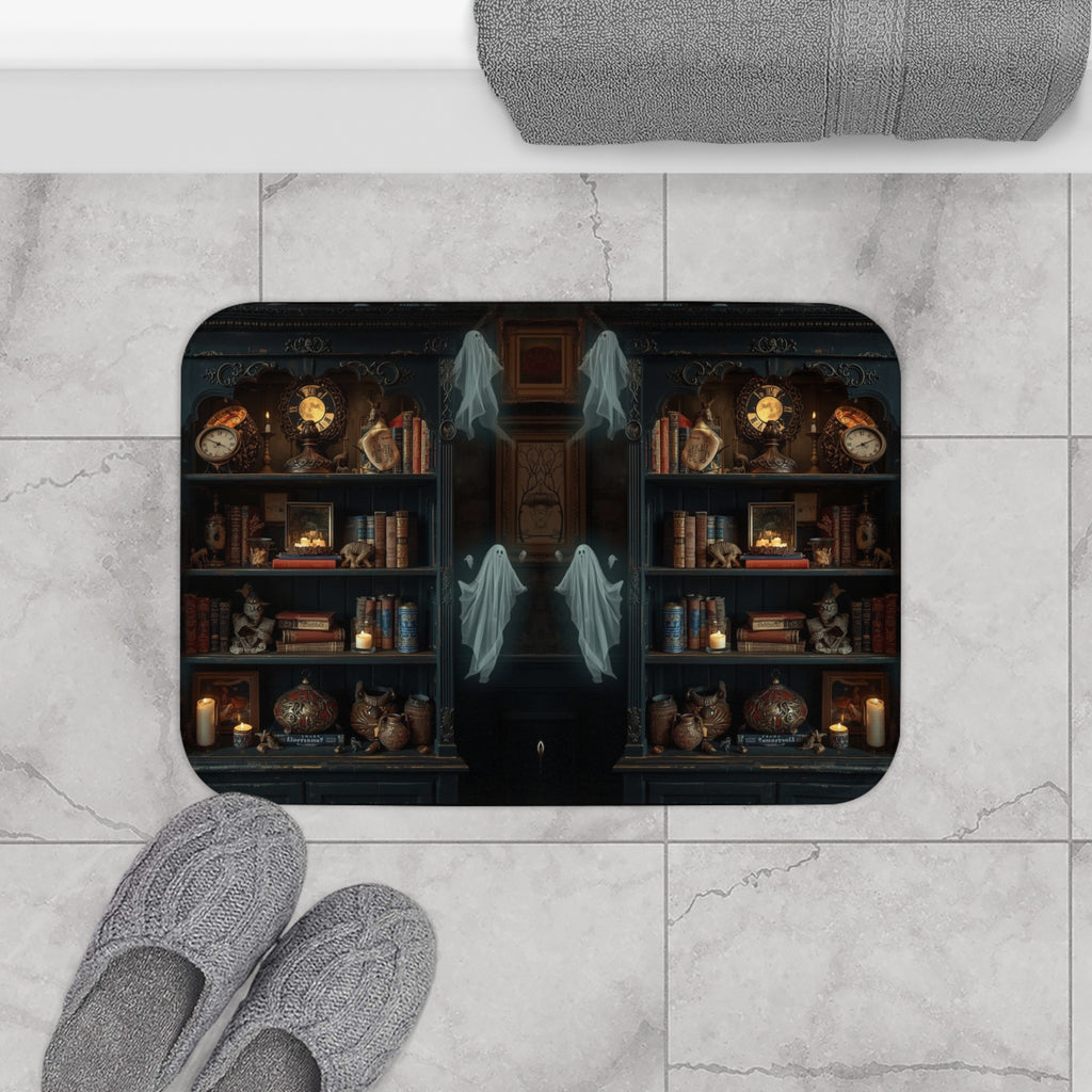 Whimsigoth Ghost Bookcase Bath Mat — Dark Academia Gothic Library Bathroom Decor