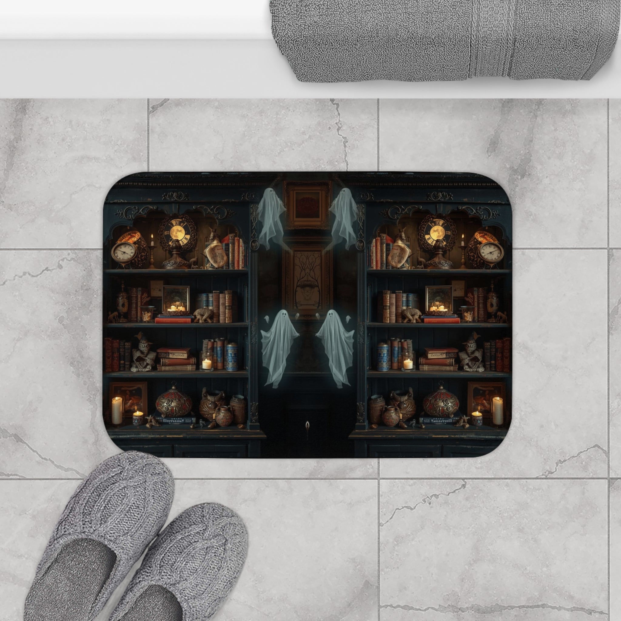 Whimsigoth Ghost Bookcase Bath Mat — Dark Academia Gothic Library Bathroom Decor