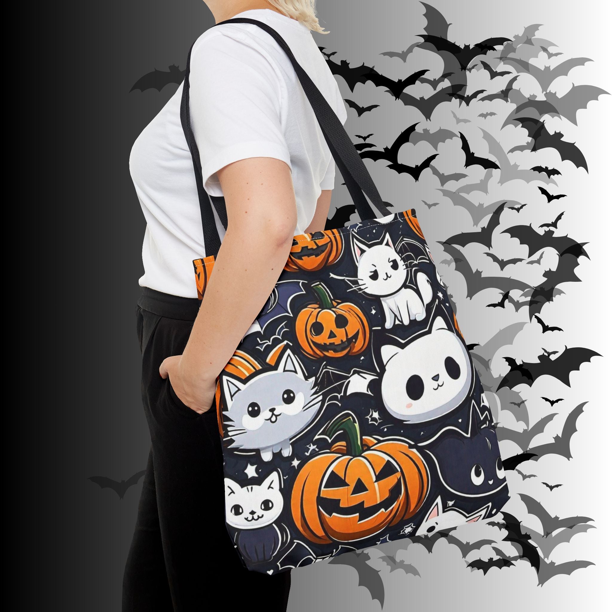 Kawaii Halloween Cat & Pumpkin Tote Bag — Spooky Multi-Cat Pattern