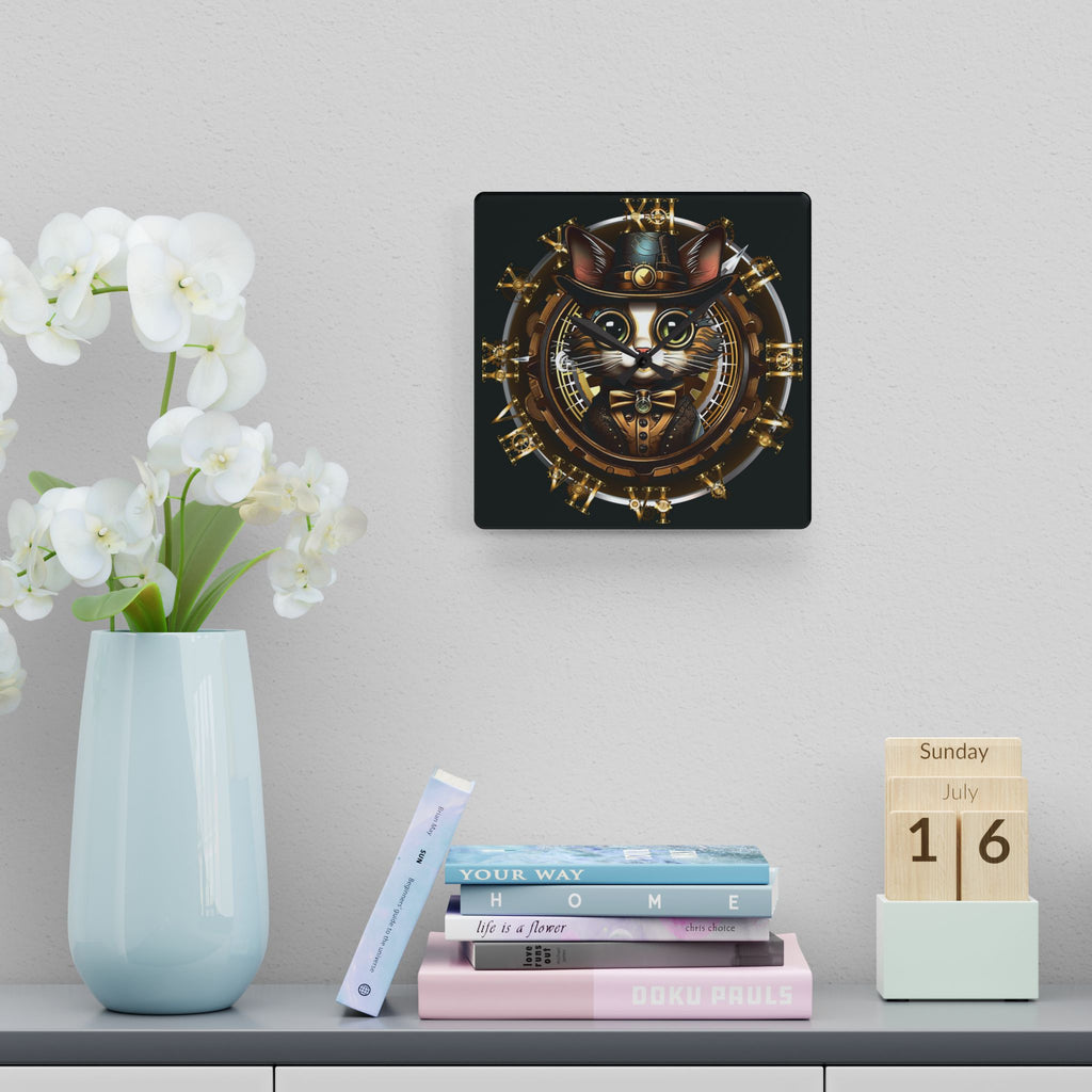 Steampunk Cat Wall Clock — Victorian Gear Acrylic Art Print Home Decor
