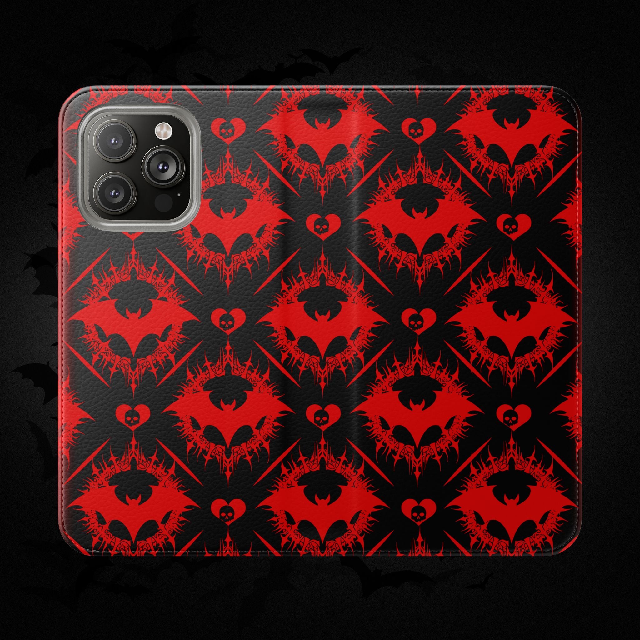 Gothic Bat Wallet Flip Case - Elegant Goth Phone Wallet - Bat Pattern Flip Case - Gothic Phone Case - Stylish Wallet Phone Case