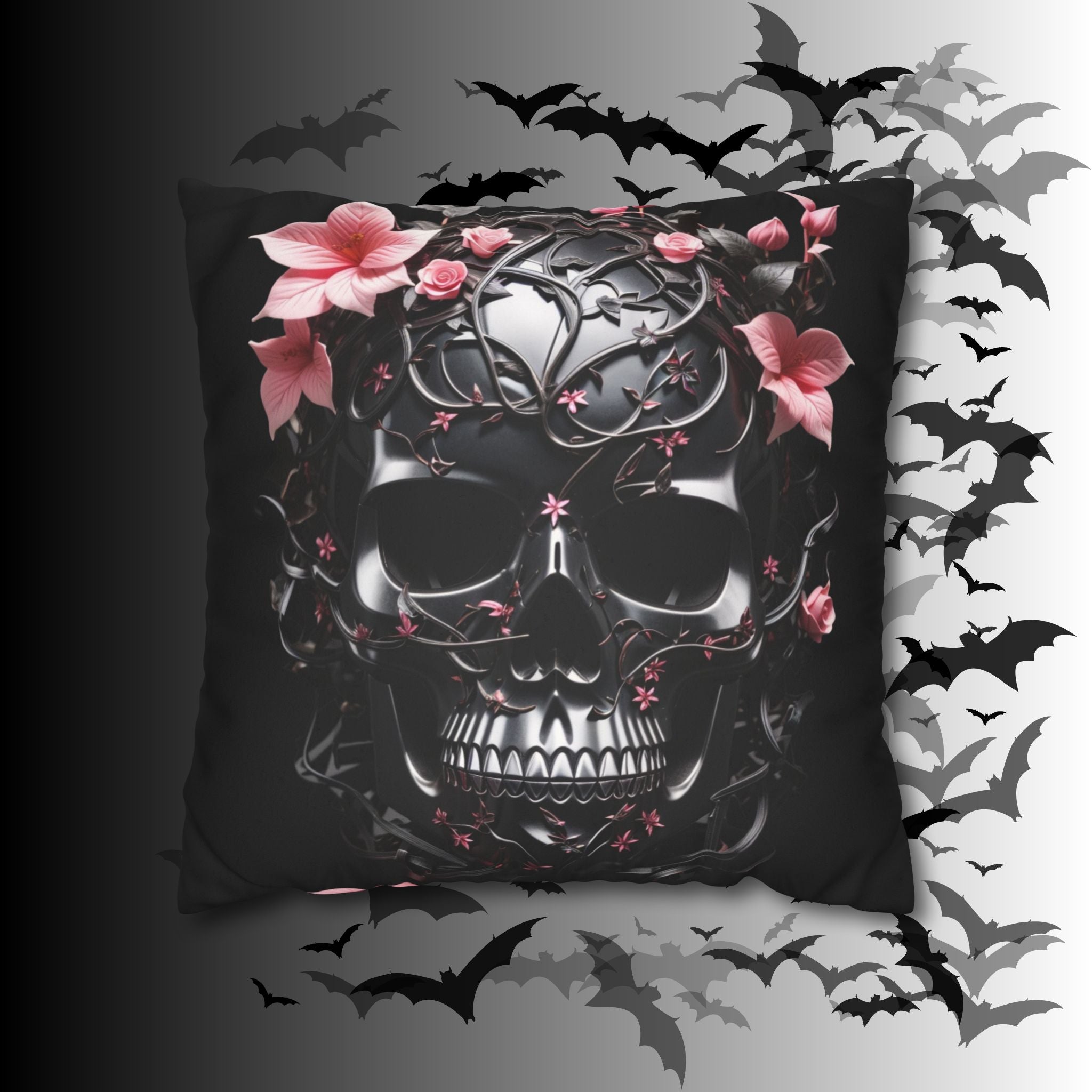 Gothic Botanical Skull Throw Pillow — Dark Floral Pastel Goth Home Decor