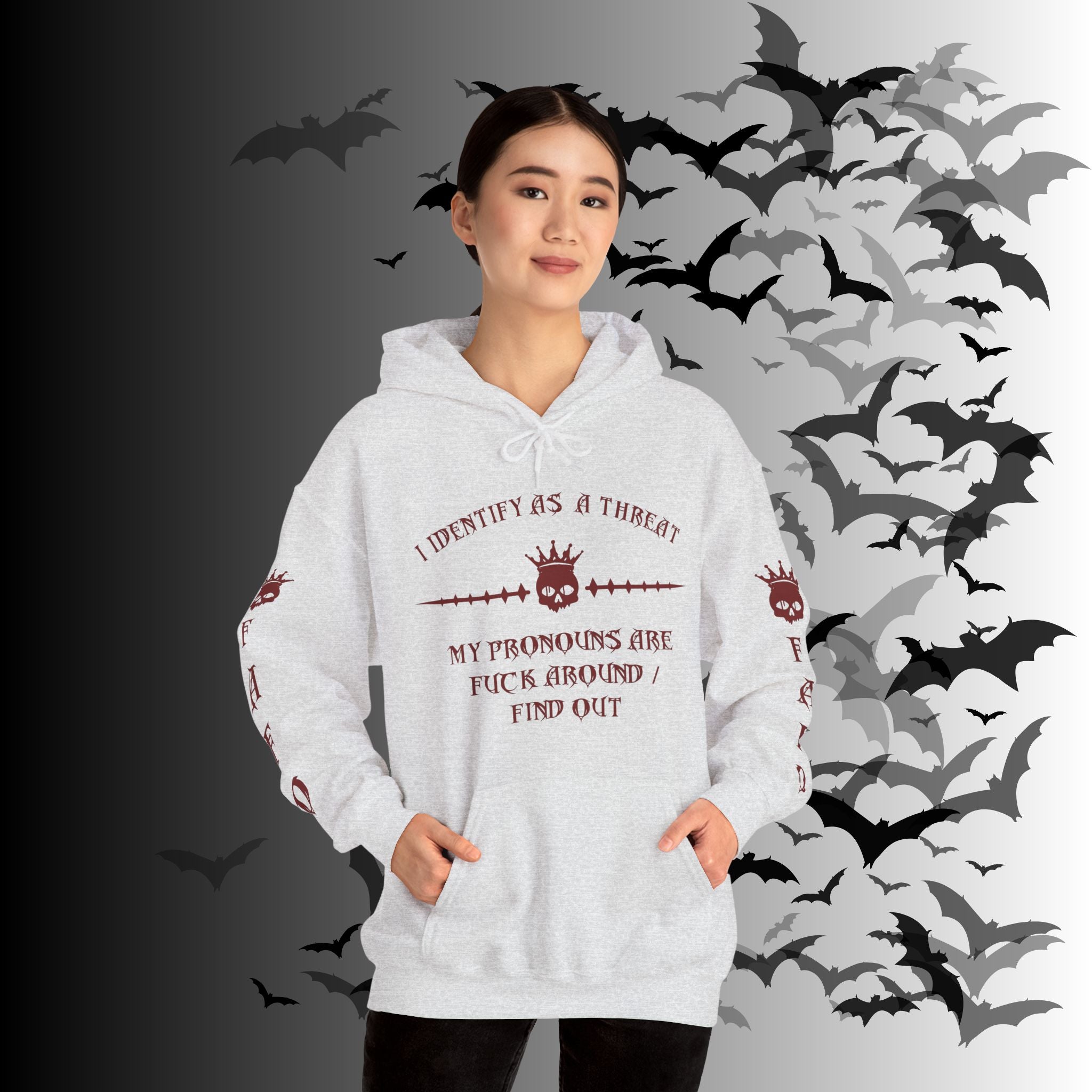 I Identify As a Threat Hoodie — Gothic Skull Sleeve Print Fuck Around Find Out