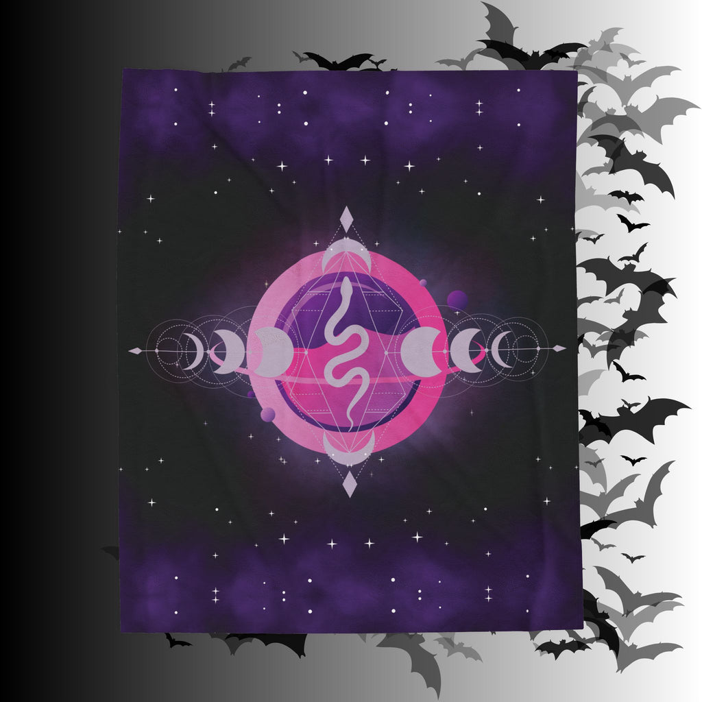 Pastel Goth Celestial Snake Moon Phase Throw Blanket — Pink & Purple Witchy Decor