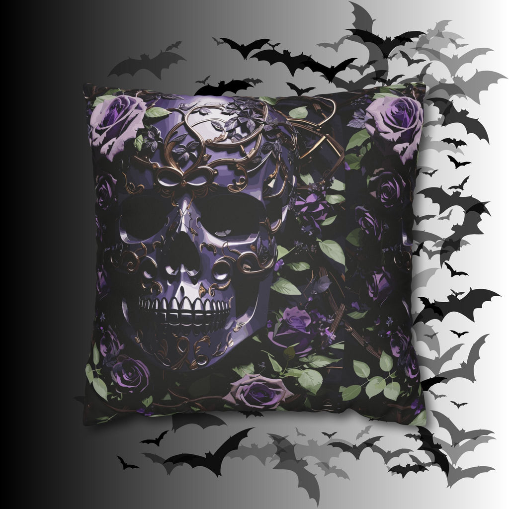 Gothic Black Purple Skull Throw Pillow — Dark Floral Botanical Home Decor