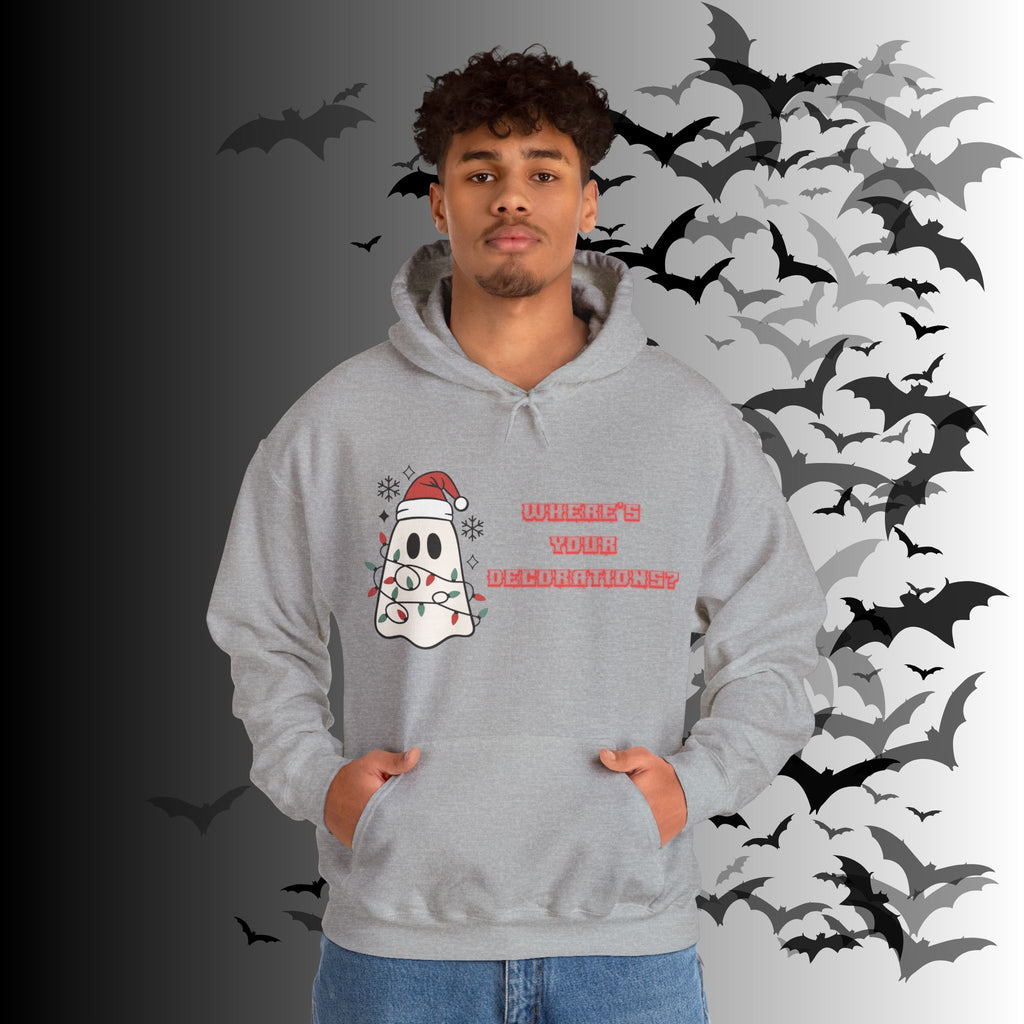 Where's Your Decorations Ghost Hoodie — Funny Gothic Christmas Pullover
