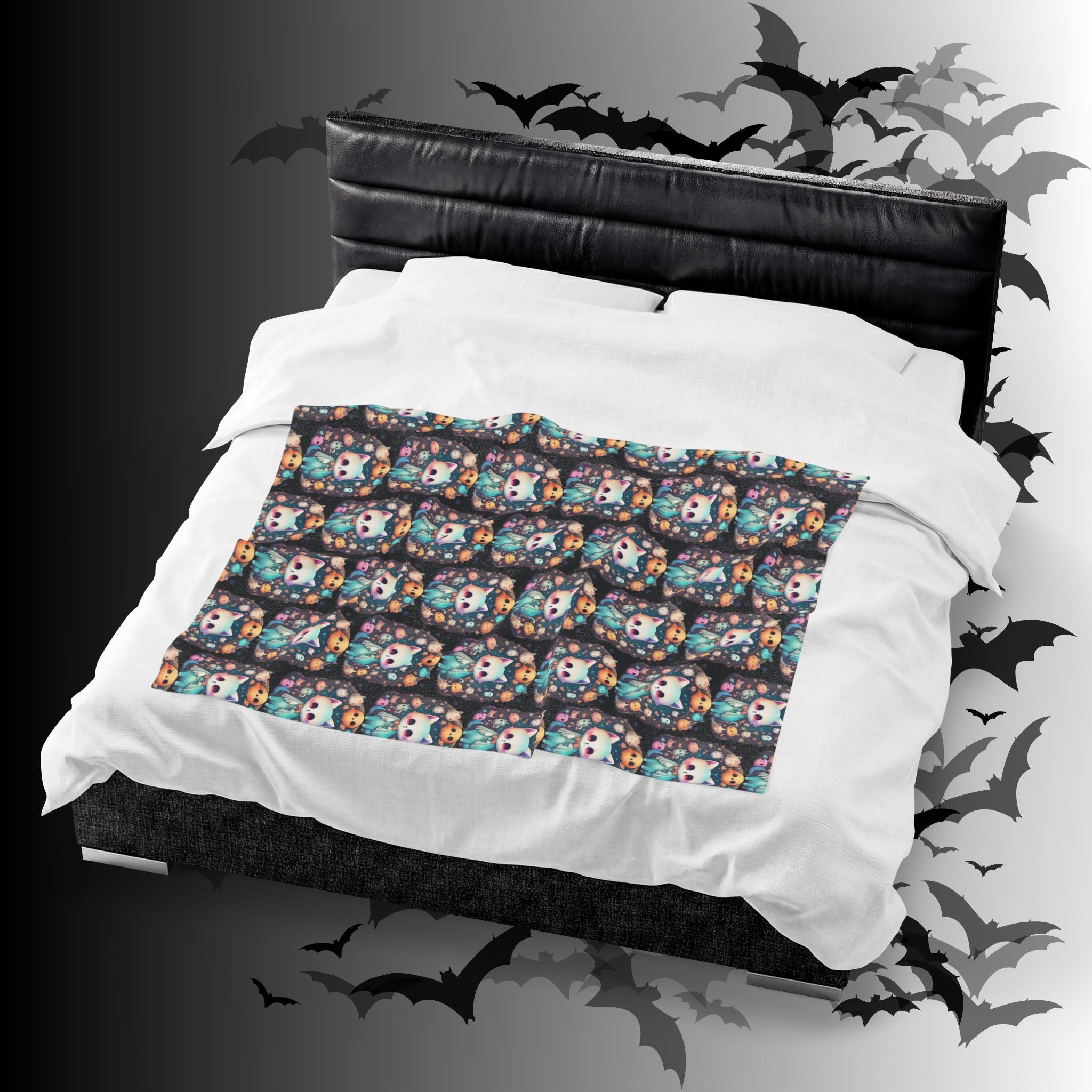 Creepy Cute Kawaii Cat Throw Blanket — Pastel Goth Ghost Dark Home Decor