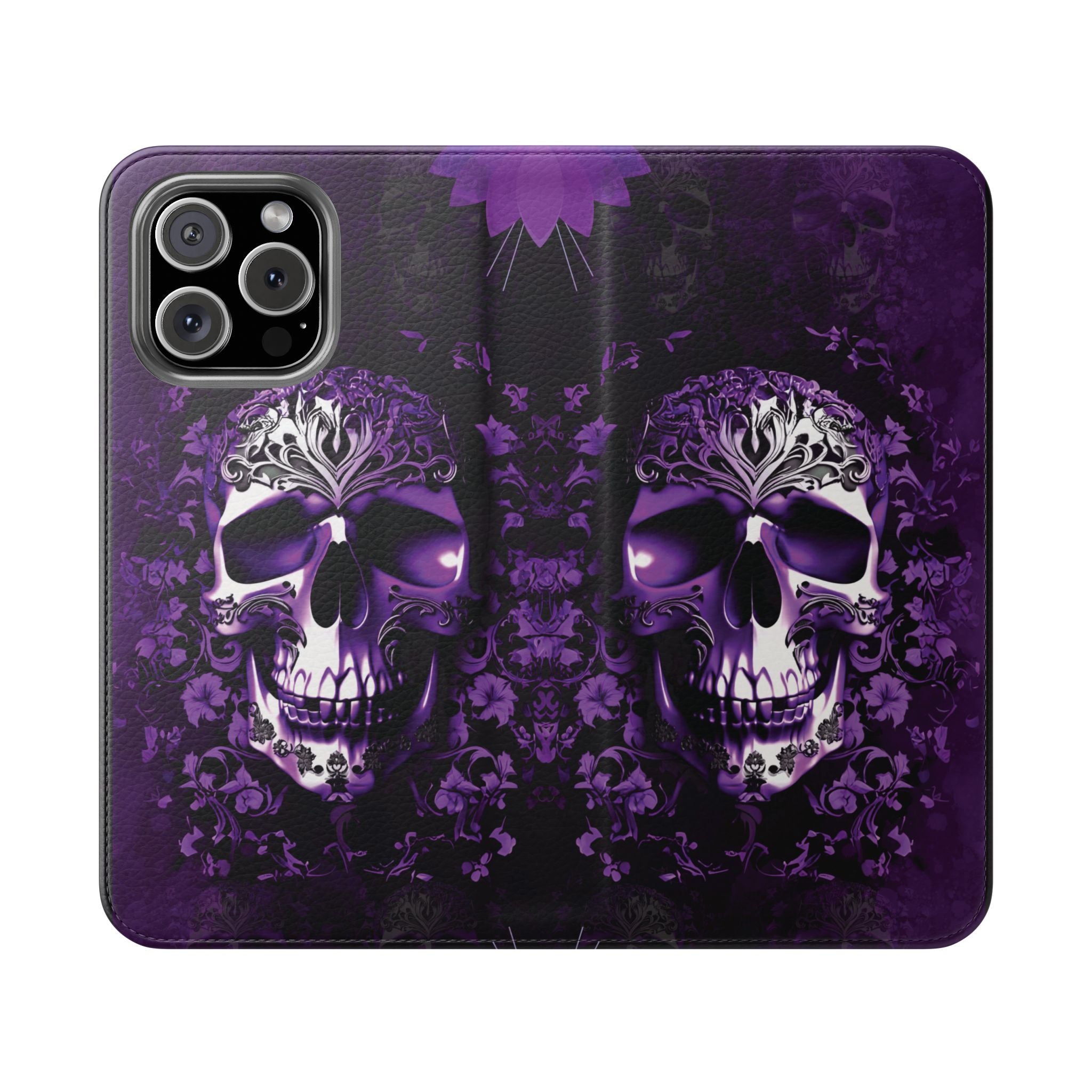 Purple Pastel Goth Skull Flip Wallet Phone Case - Skull Wallet Case for Samsung iPhone - Gothic Style Skull Wallet Phone Cases