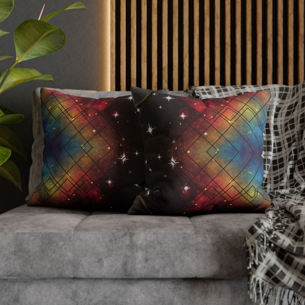 Two square throw pillows on a grey sofa featuring a vivid nebula in deep red, electric blue, and gold overlaid with a repeating geometric diamond grid in fine black linework with white starburst sparkles scattered throughout