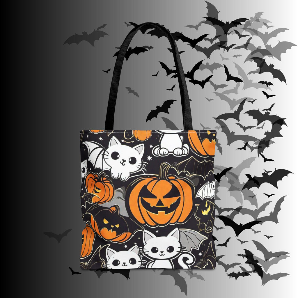 Kawaii Bat Cat Halloween Tote Bag — Dark Pumpkin Pattern