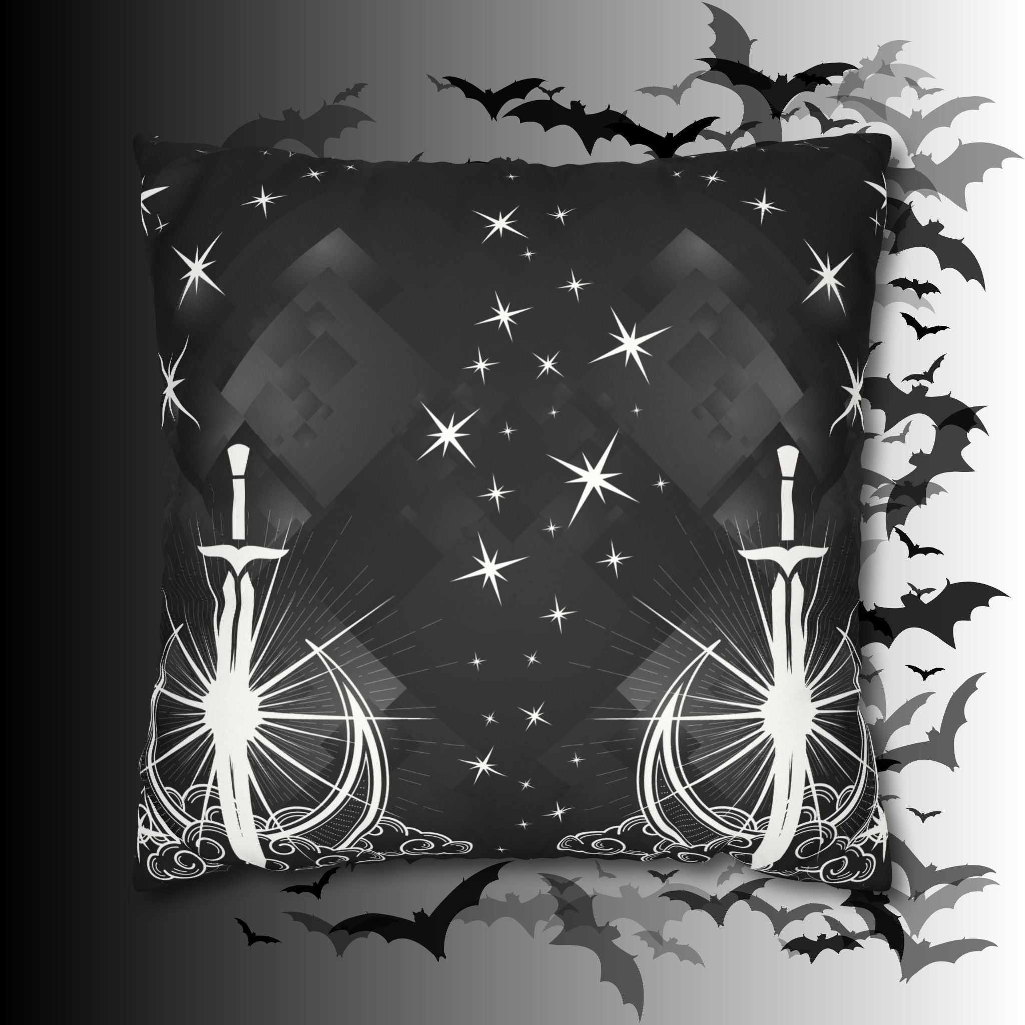 Gothic Moon Sword Celestial Throw Pillow — Dark Witchy Home Decor